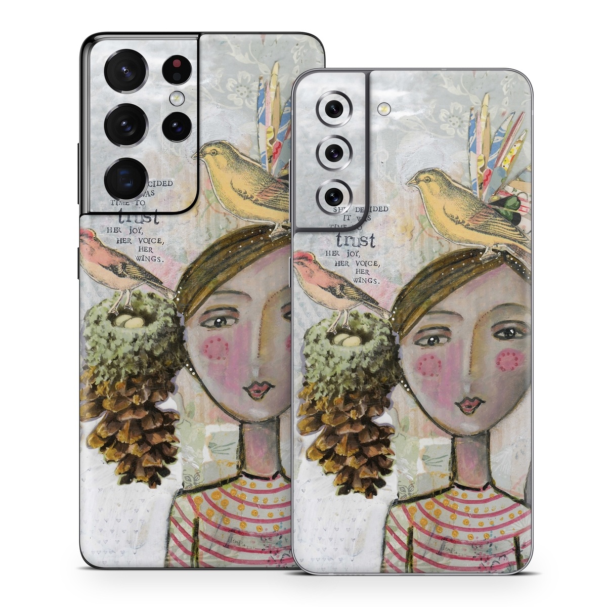 Samsung Galaxy S21 Series Skin design of Watercolor paint, Illustration, Art, Painting, Child art, Fictional character, Visual arts, Fashion illustration, Feather, Drawing, with gray, brown, pink, yellow, red, green, blue colors