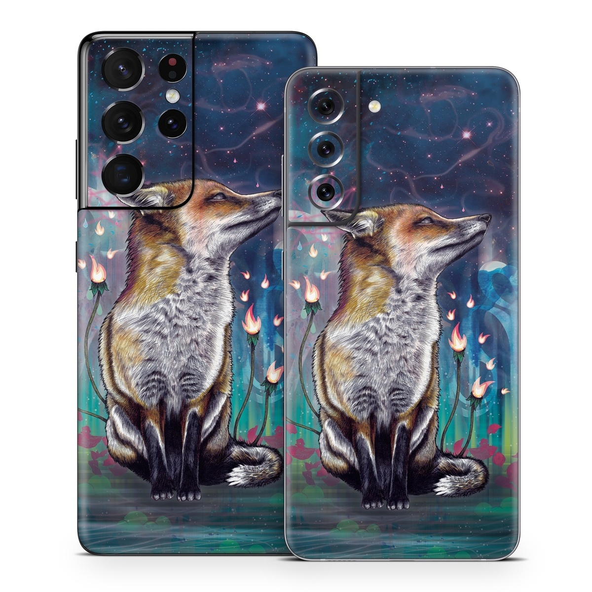 Samsung Galaxy S21 Series Skin design of Red fox, Art, Wildlife, Canidae, Illustration, Fox, Carnivore, Painting, Dhole, Red wolf, with black, gray, blue, red, green colors