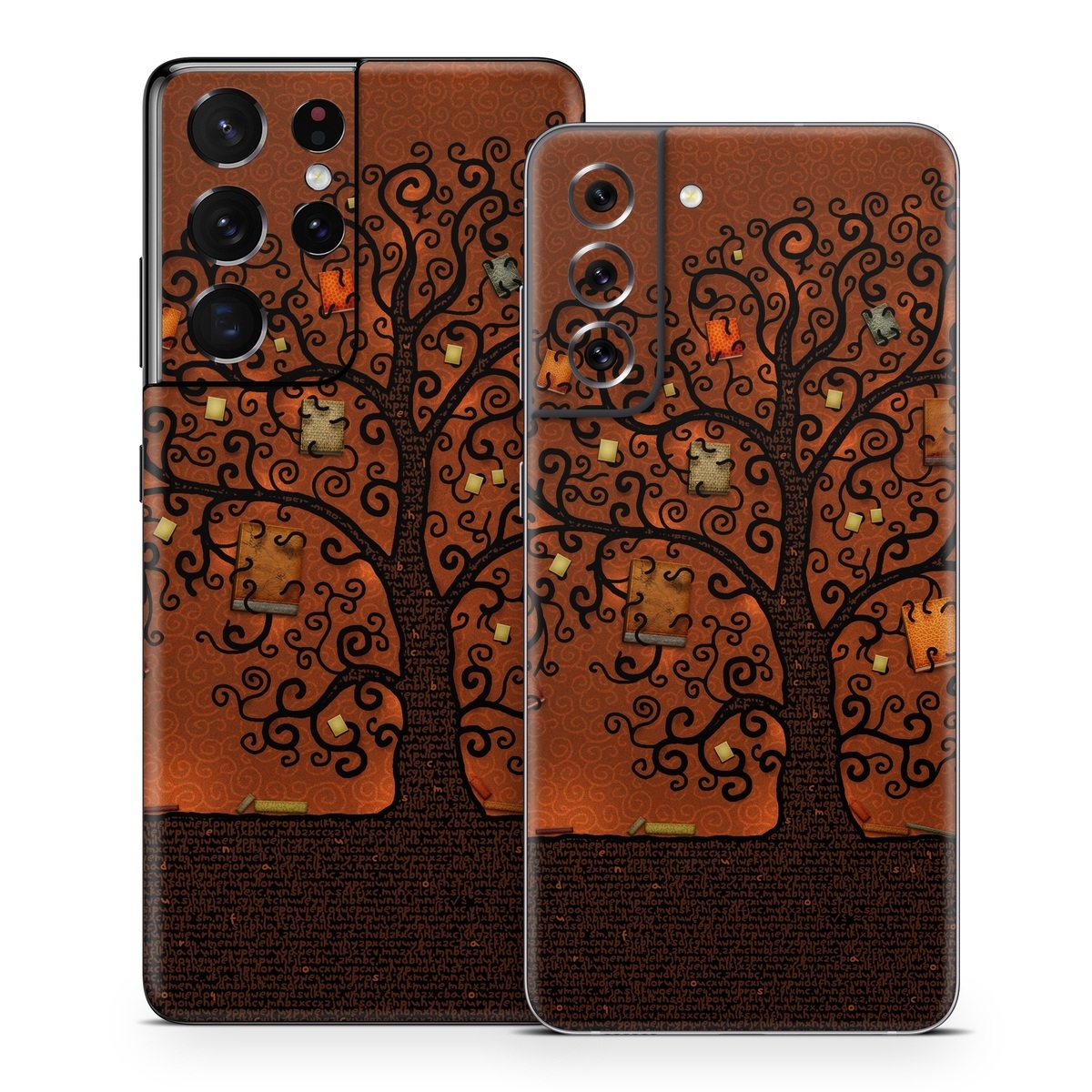 Samsung Galaxy S21 Series Skin design of Tree, Brown, Leaf, Plant, Woody plant, Branch, Visual arts, Font, Pattern, Art, with black colors