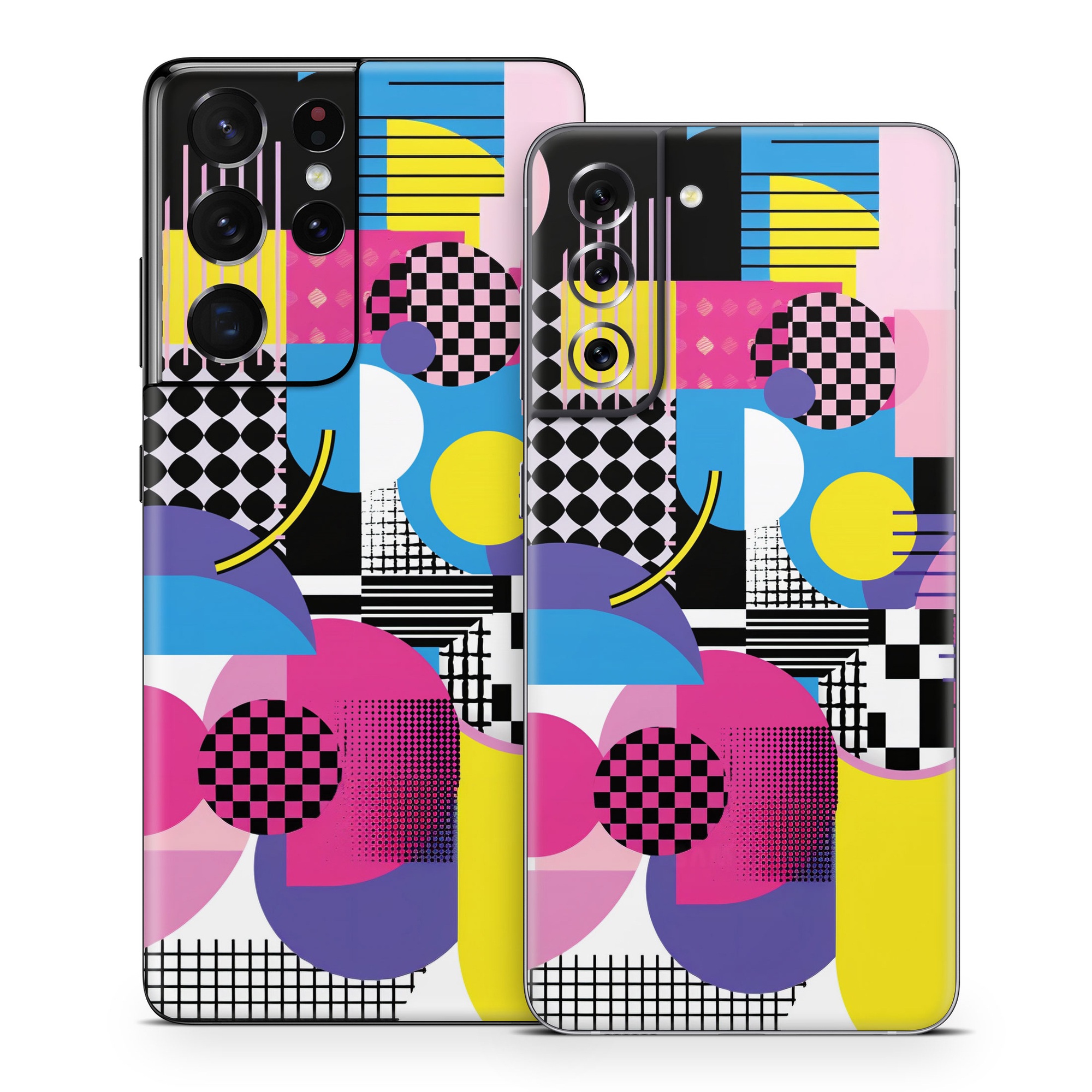 Samsung Galaxy S21 Series Skin design of Rectangle, Textile, Art, Font, Line, Material property, Magenta, Pattern, Circle, Tints and shades, with pink, yellow, white, black, purple, blue colors