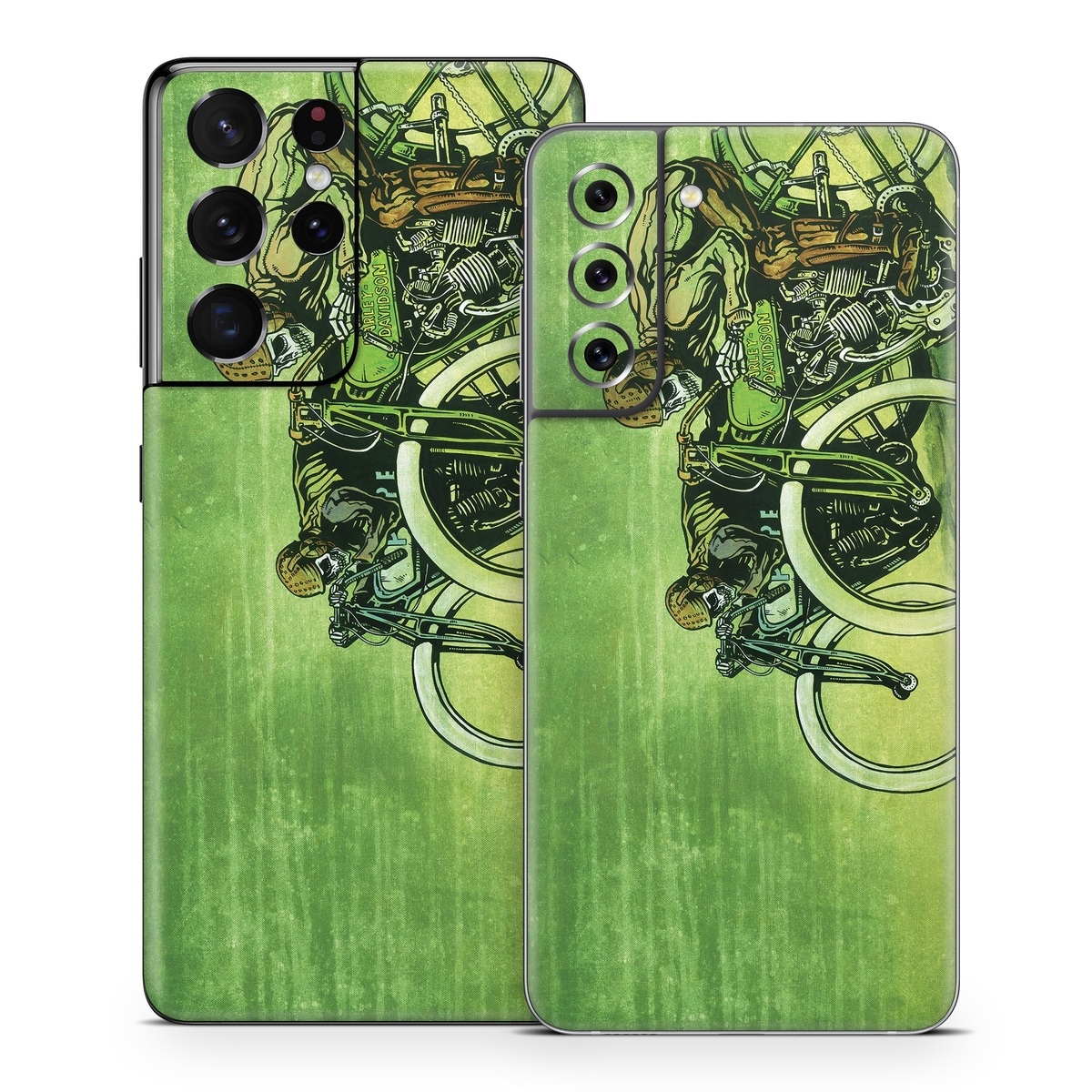 Samsung Galaxy S21 Series Skin design of Tire, Wheel, Bicycle, Bicycle tire, Automotive tire, Crankset, Bicycle handlebar, Motor vehicle, Bicycle wheel, Bicycle part, with green, gray, white, black, brown colors