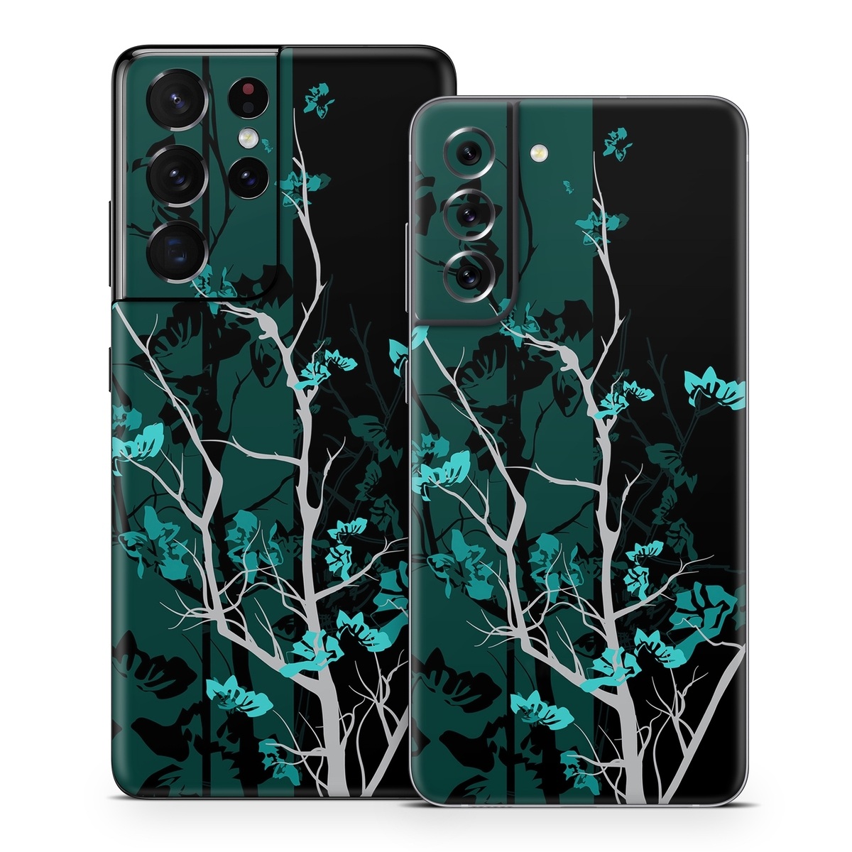 Samsung Galaxy S21 Series Skin design of Branch, Black, Blue, Green, Turquoise, Teal, Tree, Plant, Graphic design, Twig, with black, blue, gray colors