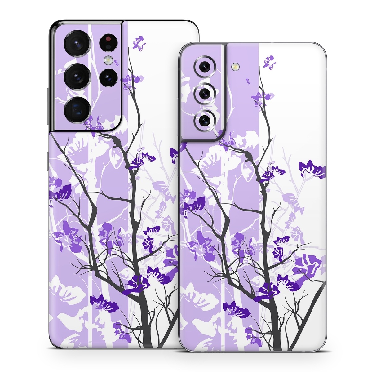 Samsung Galaxy S21 Series Skin design of Branch, Purple, Violet, Lilac, Lavender, Plant, Twig, Flower, Tree, Wildflower, with white, purple, gray, pink, black colors