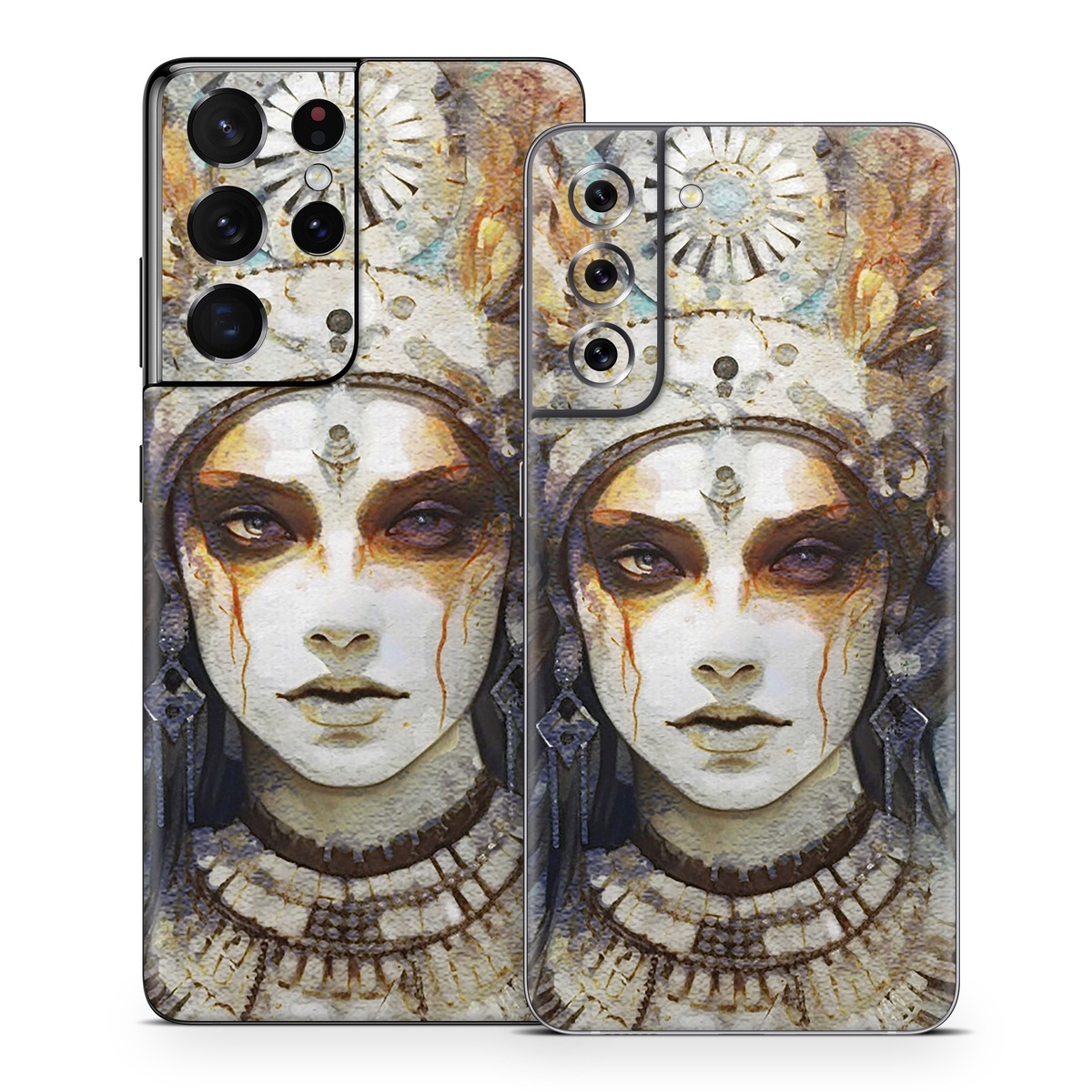 Samsung Galaxy S21 Series Skin design of Eye, Paint, Eyelash, Painting, Art, Headpiece, Beauty, Feather, Illustration, Mask, with white, black, yellow, brown, gray, blue colors