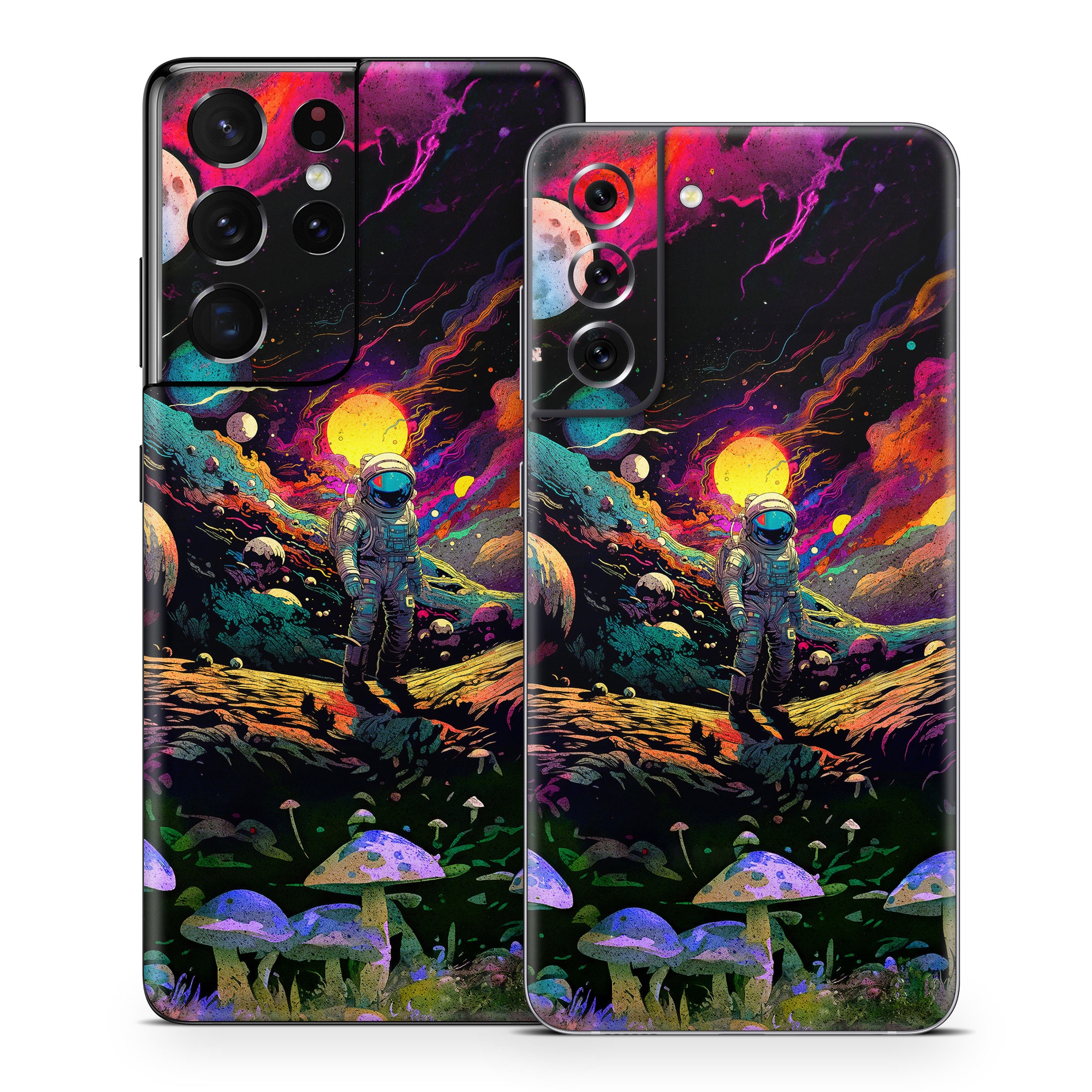 Samsung Galaxy S21 Series Skin design of Light, Nature, Purple, Umbrella, Plant, Art, Terrestrial plant, Natural landscape, Astronomical object, Space, with black, white, purple, red, gray, orange, yellow, blue, green, brown colors