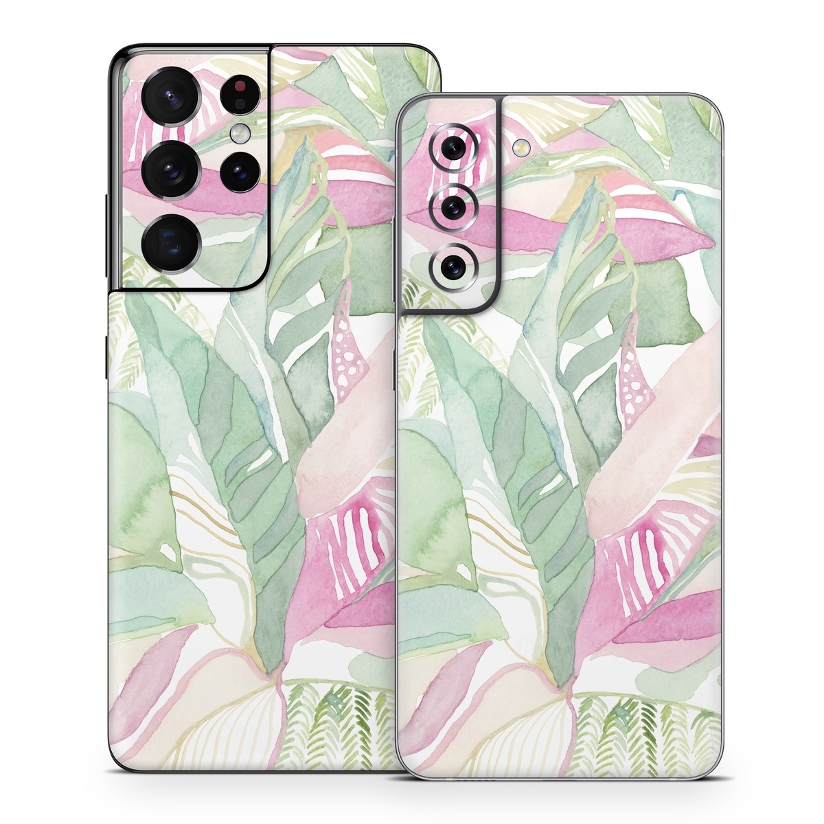 Samsung Galaxy S21 Series Skin design of Pink, Leaf, Botany, Pattern, Plant, Flower, Illustration, with white, green, pink, orange colors