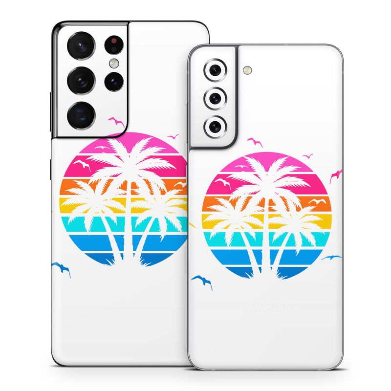 Samsung Galaxy S21 Series Skin design of Palm trees, Graphics, Clip art, Graphic design, with white, pink, orange, yellow, blue colors
