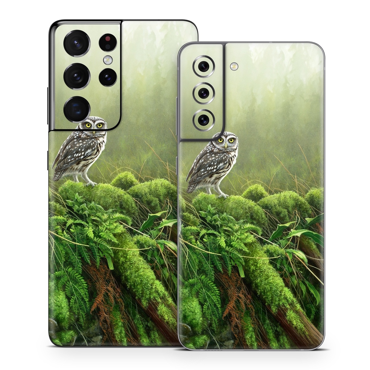 Samsung Galaxy S21 Series Skin design of Nature, Owl, Bird, Bird of prey, great grey owl, Adaptation, Terrestrial plant, Wildlife, Plant, Organism, with brown, gray, green, white colors