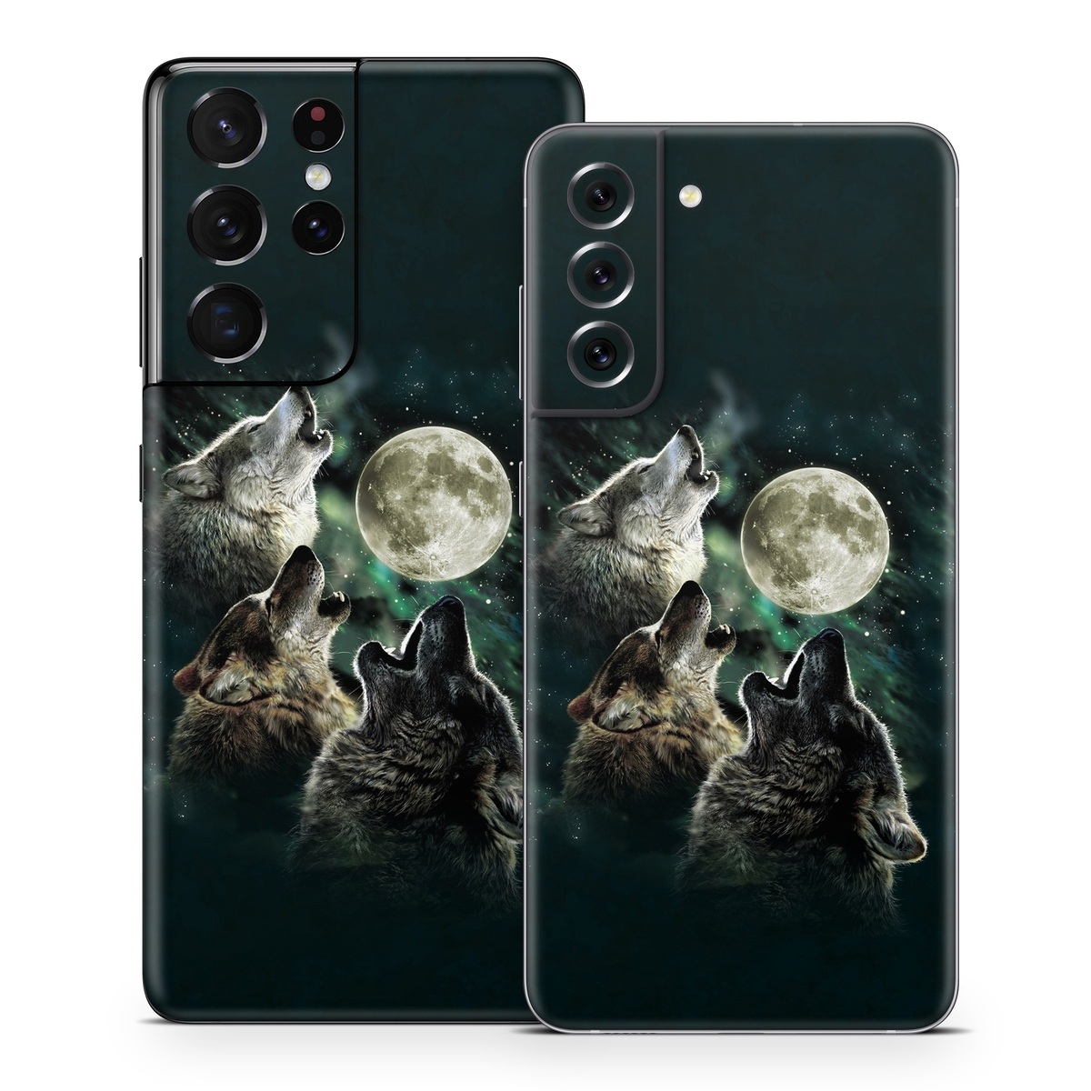 Samsung Galaxy S21 Series Skin design of Wolf, Light, Astronomical object, Moon, Wildlife, Organism, Moonlight, Sky, Atmosphere, Celestial event, with black, gray, green colors