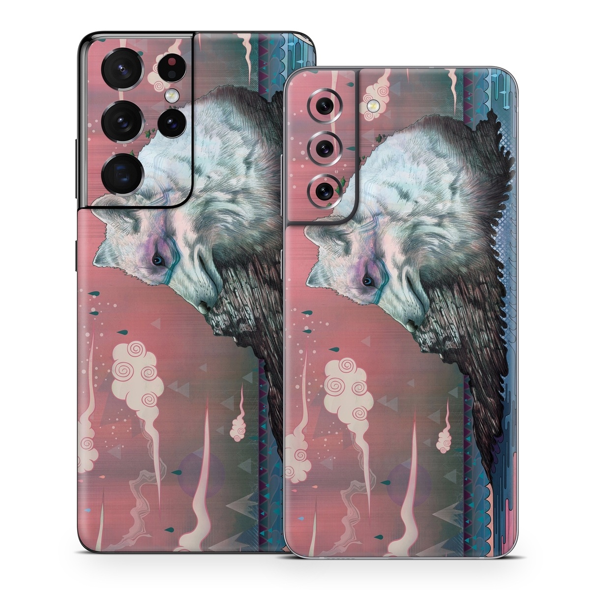 Samsung Galaxy S21 Series Skin design of Illustration, Drawing, Sketch, Art, Graphic design, Lion, Goats, Fictional character, Ink, Bison, with gray, purple, black, red colors