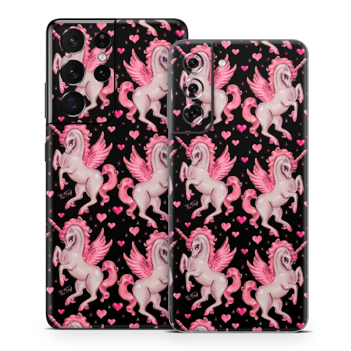 Samsung Galaxy S21 Series Skin design of Pink, Pattern, Fictional character, Design, Illustration, Font, Unicorn, Graphic design, Mythical creature, Art, with black, pink colors