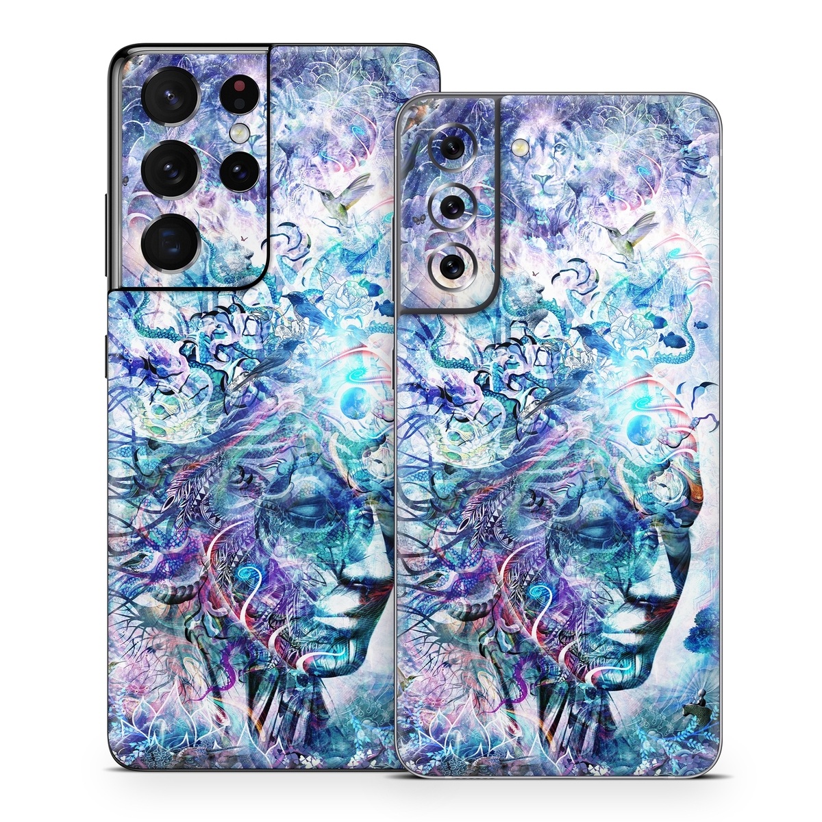 Samsung Galaxy S21 Series Skin design of Psychedelic art, Water, Fractal art, Art, Pattern, Graphic design, Design, Illustration, Electric blue, Visual arts, with blue, purple, green, red, gray, white colors