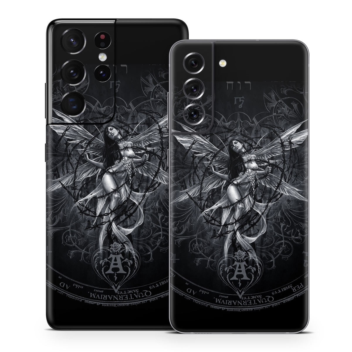 Samsung Galaxy S21 Series Skin design of Illustration, Graphic design, Darkness, Fictional character, Black-and-white, Pattern, Graphics, Mythical creature, Circle, Wing, with black, white colors