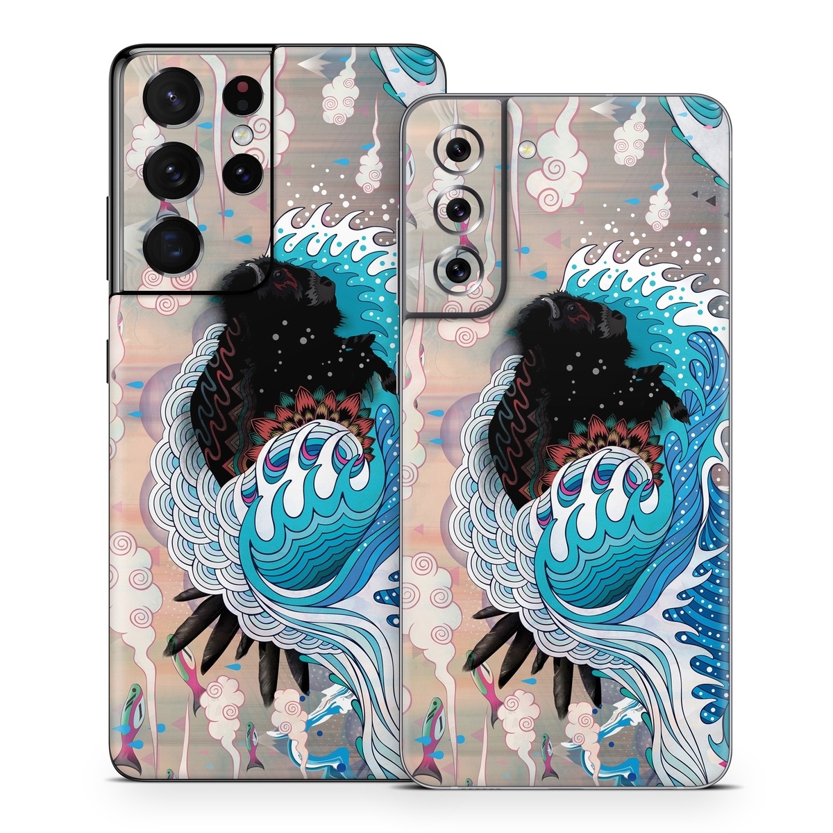 Samsung Galaxy S21 Series Skin design of Blue, Turquoise, Illustration, Aqua, Graphic design, Pattern, Art, Design, Graphics, Visual arts, with gray, blue, black, pink, white colors