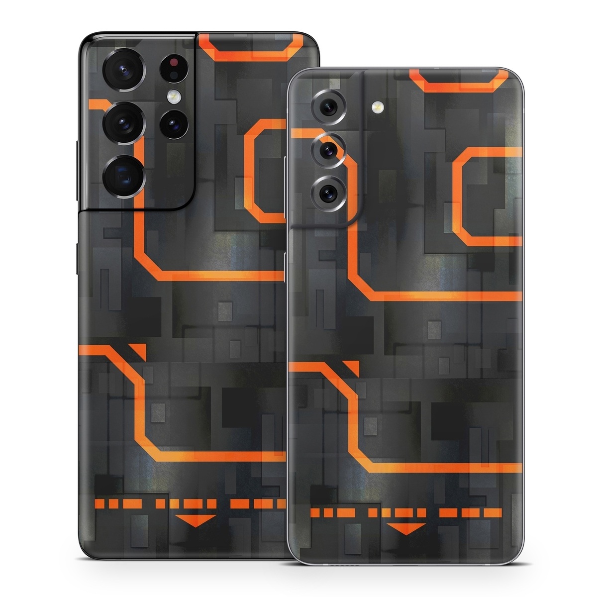 Samsung Galaxy S21 Series Skin design of Orange, Font, Parallel, Pattern, Graphics, Rectangle, Logo, Brand, Graphic design, Event, with black, orange colors