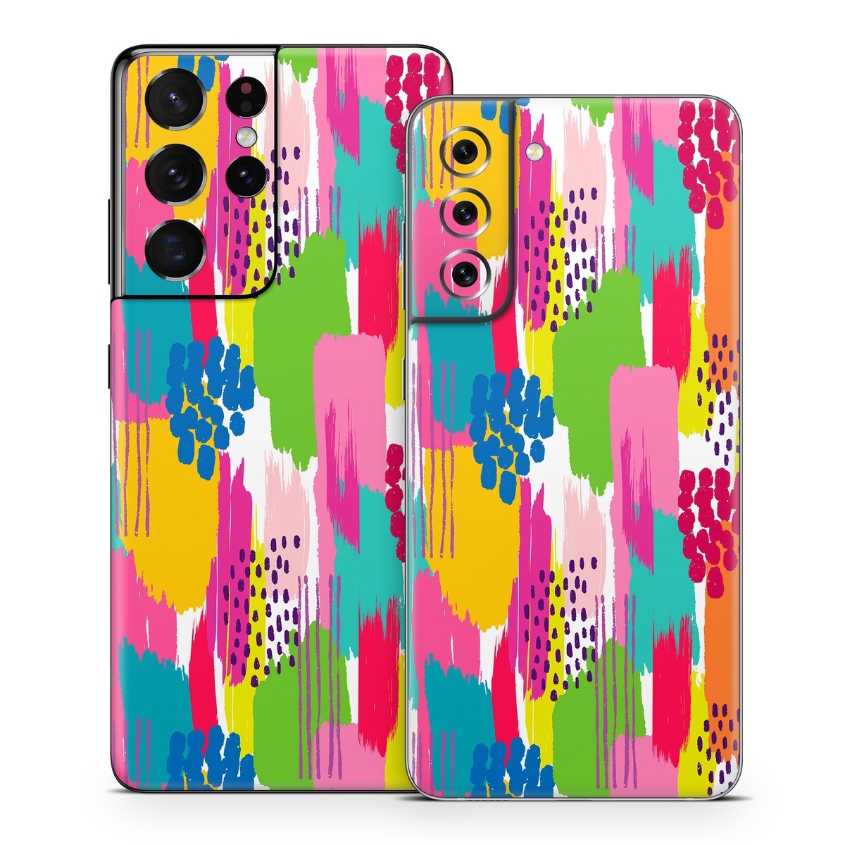 Samsung Galaxy S21 Series Skin design of Colorfulness, Textile, Rectangle, Font, Line, Painting, Art, Magenta, Material property, Pattern, with white, pink, yellow, orange, blue, red colors