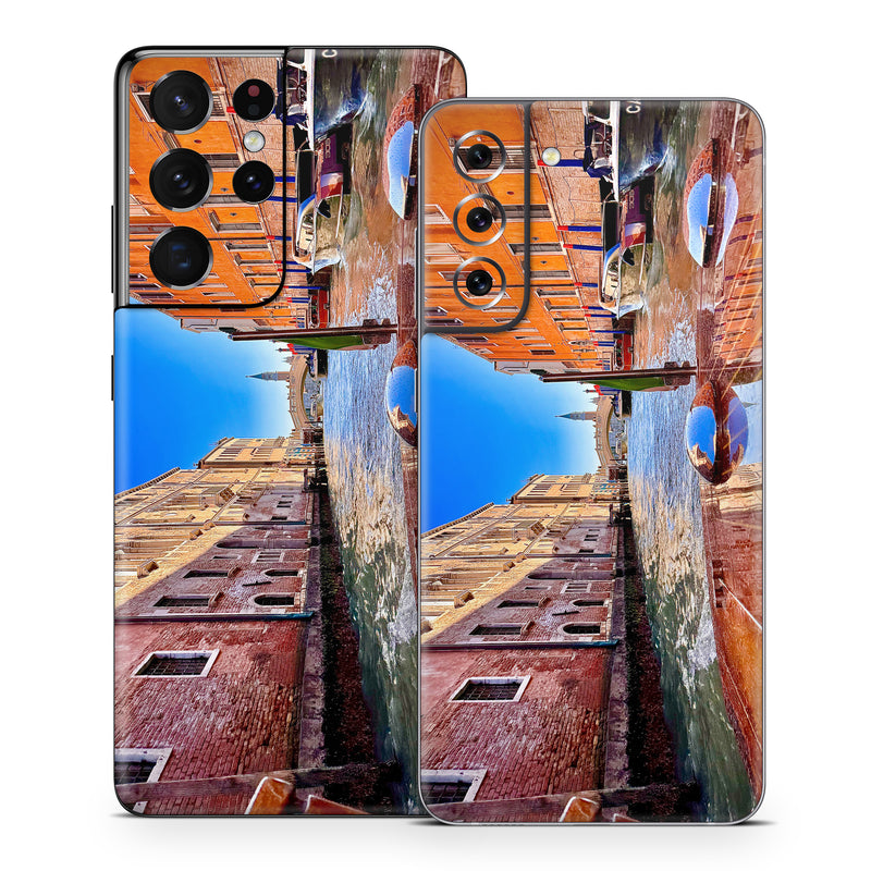 Samsung Galaxy S21 Series Skin design of Boat, Watercraft, Waterway, Channel, Boats and boating--Equipment and supplies, Canal, Reflection, Travel, Varnish, Naval architecture