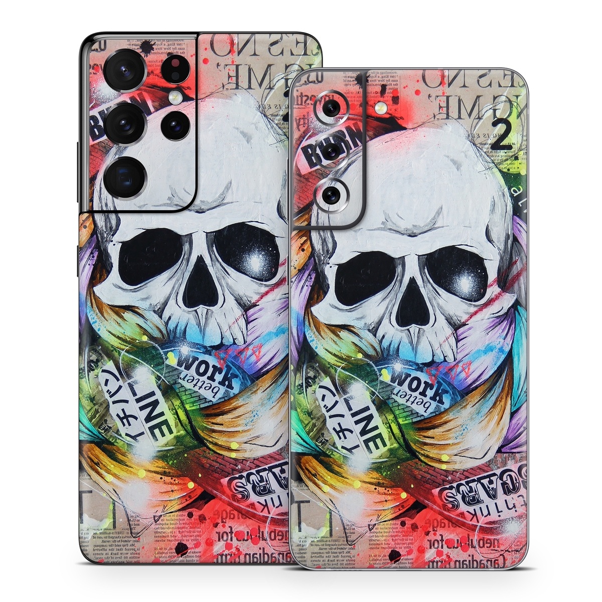 Samsung Galaxy S21 Series Skin design of Street art, Text, Graphic design, Font, Illustration, Art, Graffiti, Skull, Poster, Advertising, with gray, black, red, green, blue colors