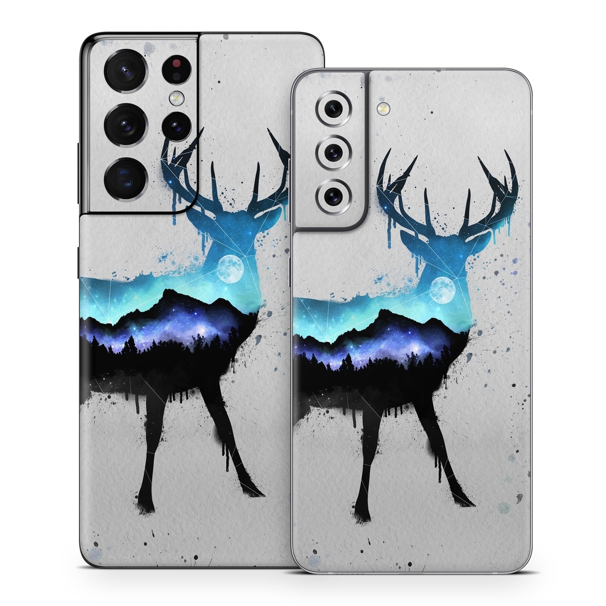 Samsung Galaxy S21 Series Skin design of Reindeer, Deer, Illustration, Watercolor paint, Art, Elk, Wildlife, Drawing, Paint, Graphics, with gray, black, blue, purple, white colors