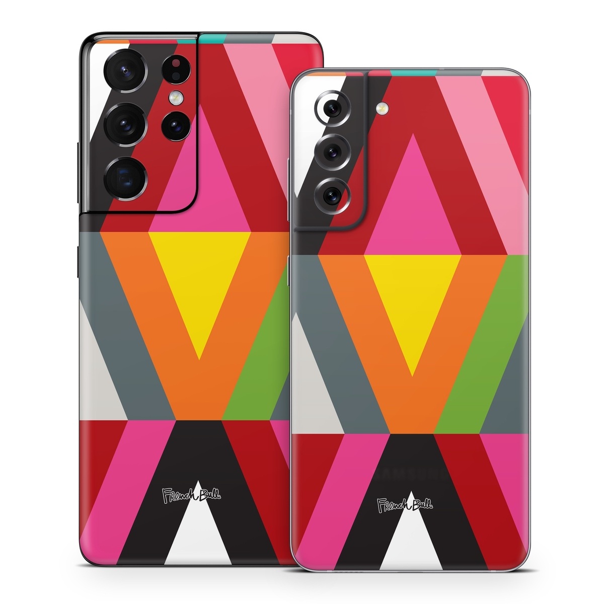 Samsung Galaxy S21 Series Skin design of Pattern, Orange, Yellow, Graphic design, Colorfulness, Line, Design, Symmetry, Triangle, Font, with black, white, red, orange, pink, blue, green, gray colors