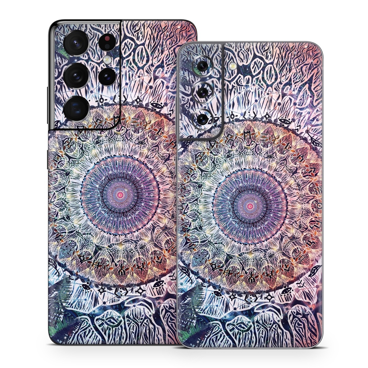 Samsung Galaxy S21 Series Skin design of Tapestry, Pattern, Art, Close-up, Circle, Fractal art, Textile, Eye, Design, Kaleidoscope, with blue, red, yellow, purple, green colors
