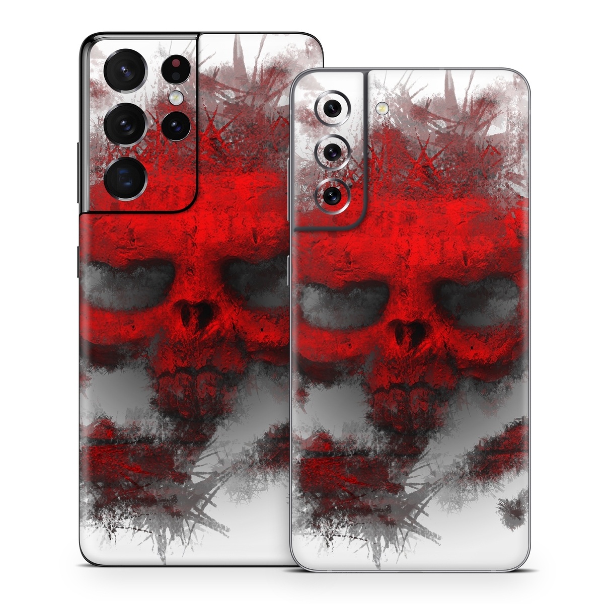 Samsung Galaxy S21 Series Skin design of Red, Graphic design, Skull, Illustration, Bone, Graphics, Art, Fictional character, with red, gray, black, white colors