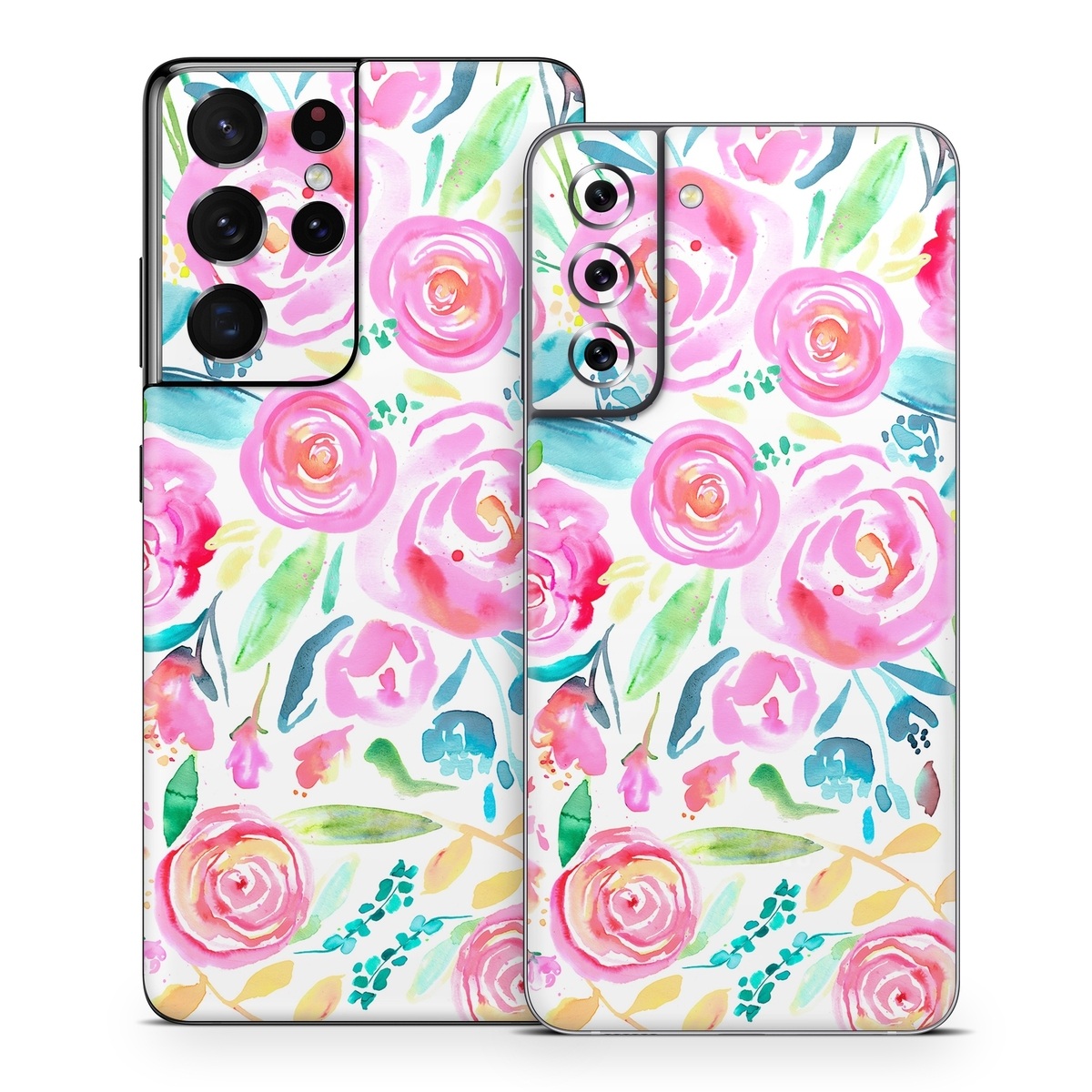 Samsung Galaxy S21 Series Skin design of Flower, Plant, Petal, Pink, Art, Material property, Magenta, Flowering plant, Pattern, Rose family, with white, pink, green, blue, yellow colors