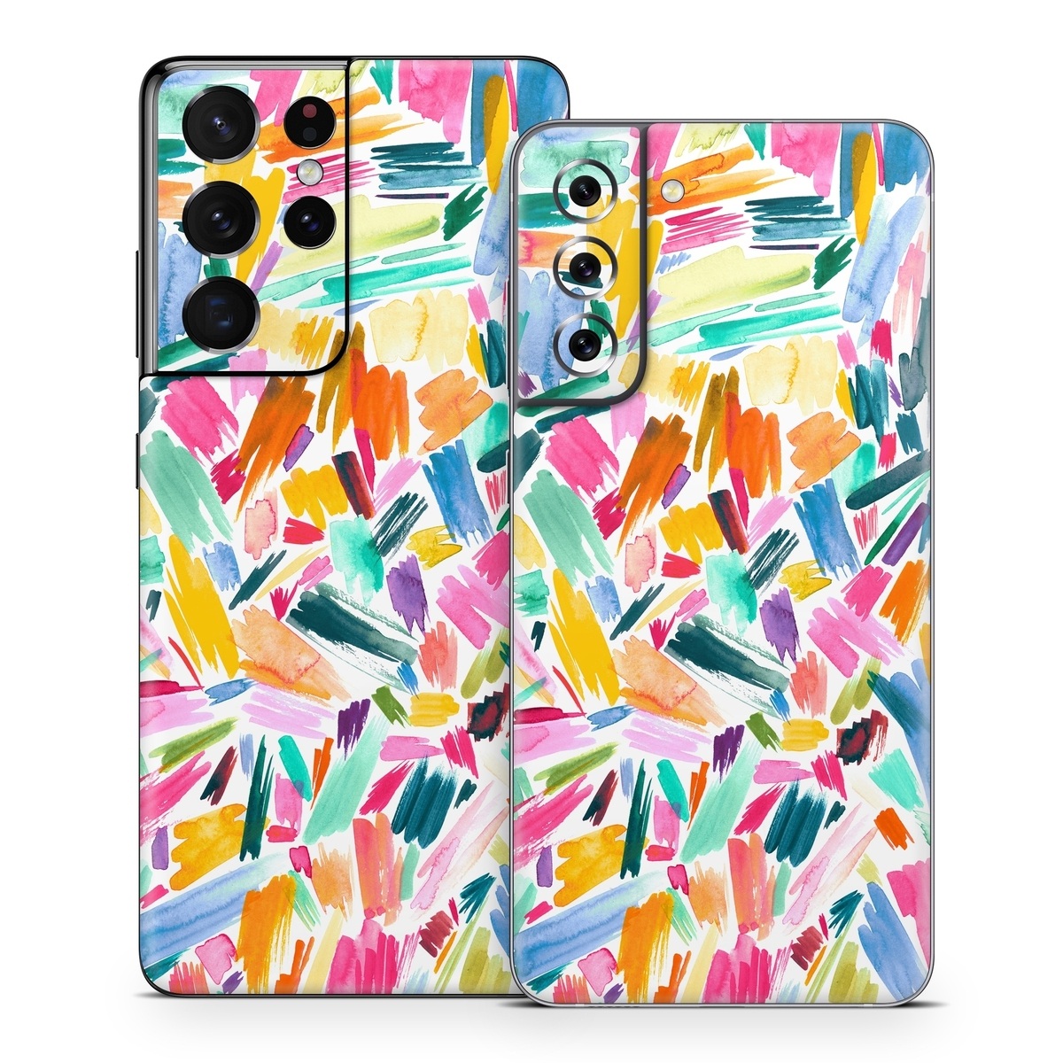 Samsung Galaxy S21 Series Skin design of Colorfulness, Art, Triangle, Pattern, Painting, Symmetry, Creative arts, Paint, Electric blue, Art paint, with white, pink, blue, yellow, orange, red, green, gray colors