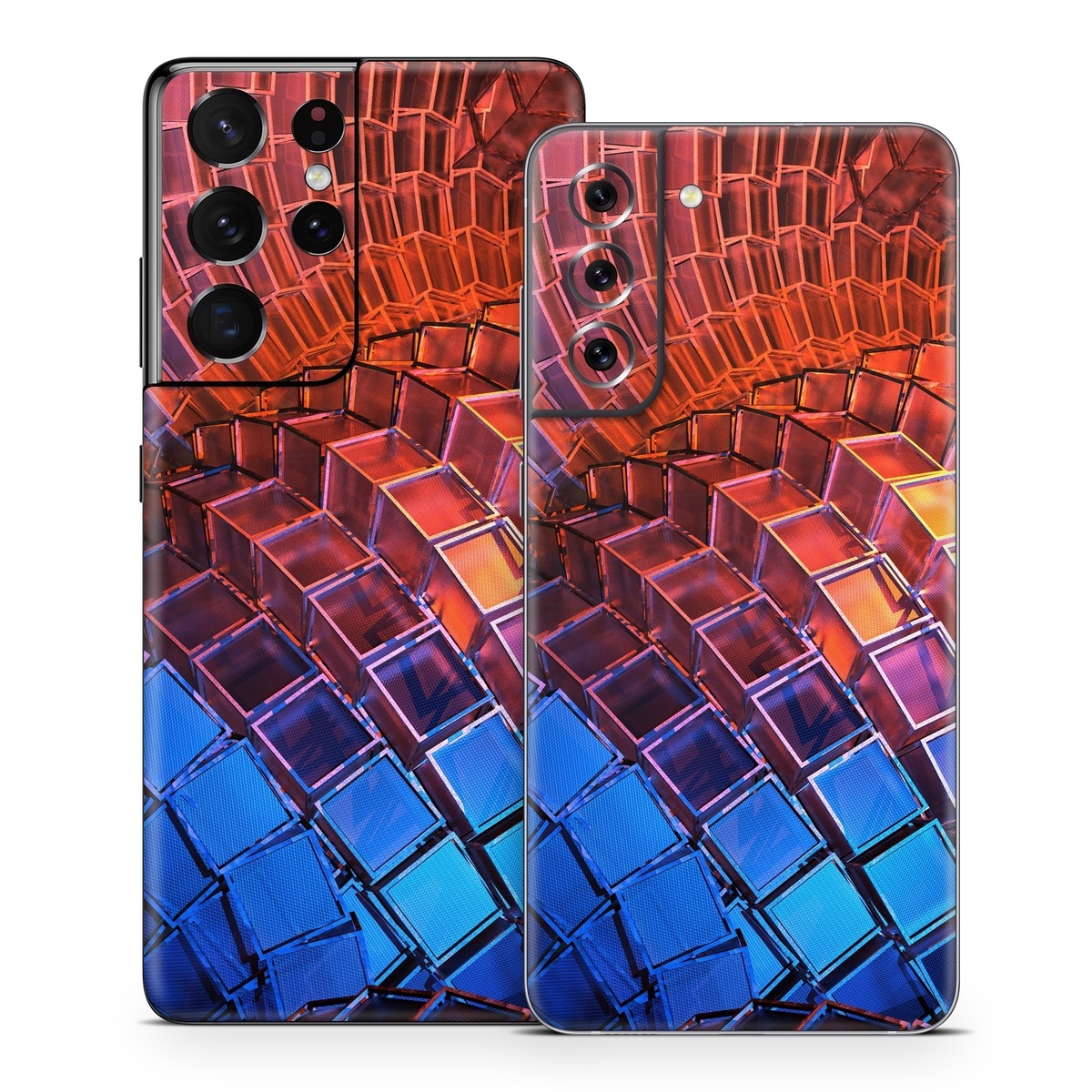 Samsung Galaxy S21 Series Skin design of Blue, Red, Orange, Light, Pattern, Architecture, Design, Fractal art, Colorfulness, Psychedelic art, with black, red, blue, purple, gray colors