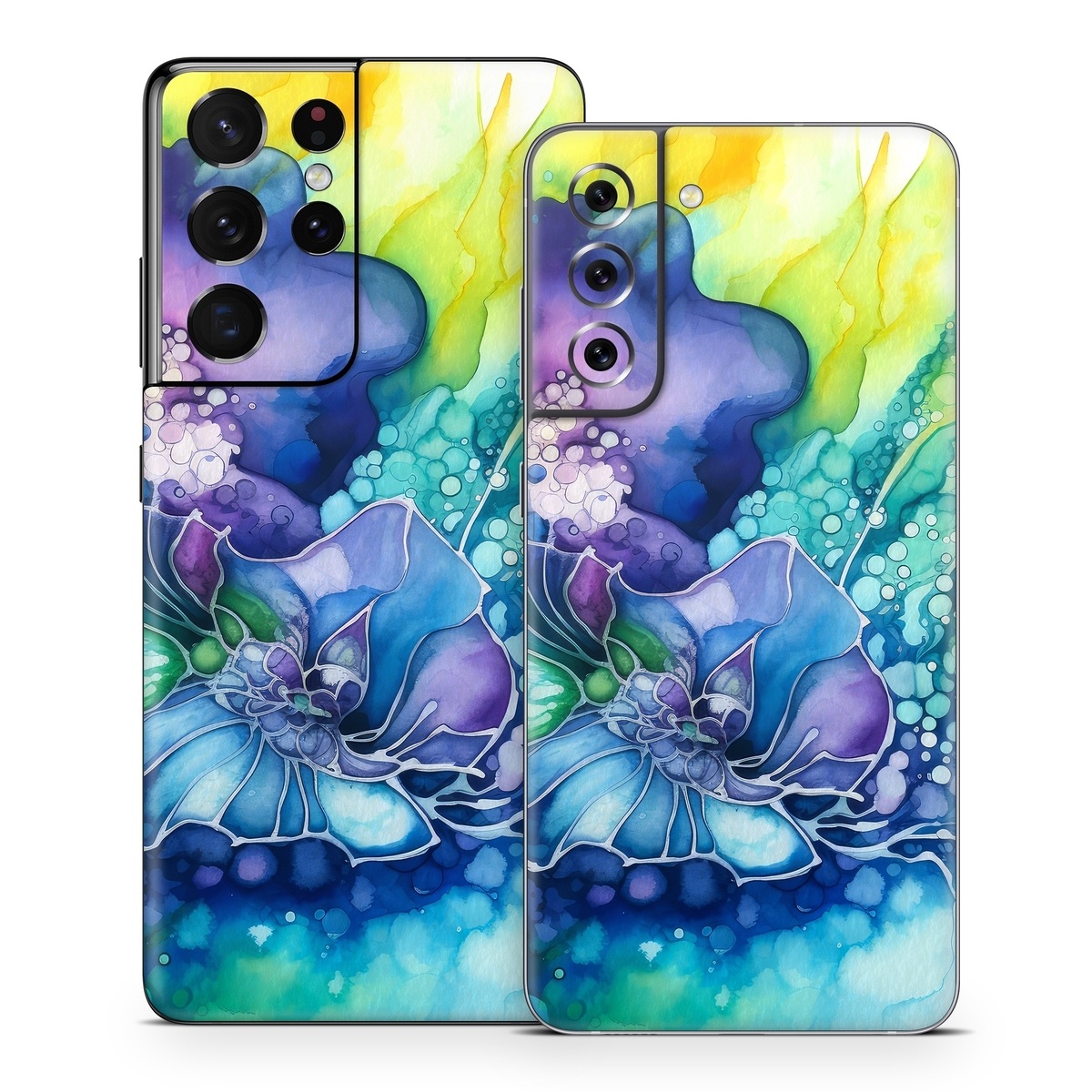 Samsung Galaxy S21 Series Skin design of Flower, Plant, Art paint, Petal, Blue, Azure, Purple, Art, Paint, Painting, with blue, yellow, green, purple, white, orange colors