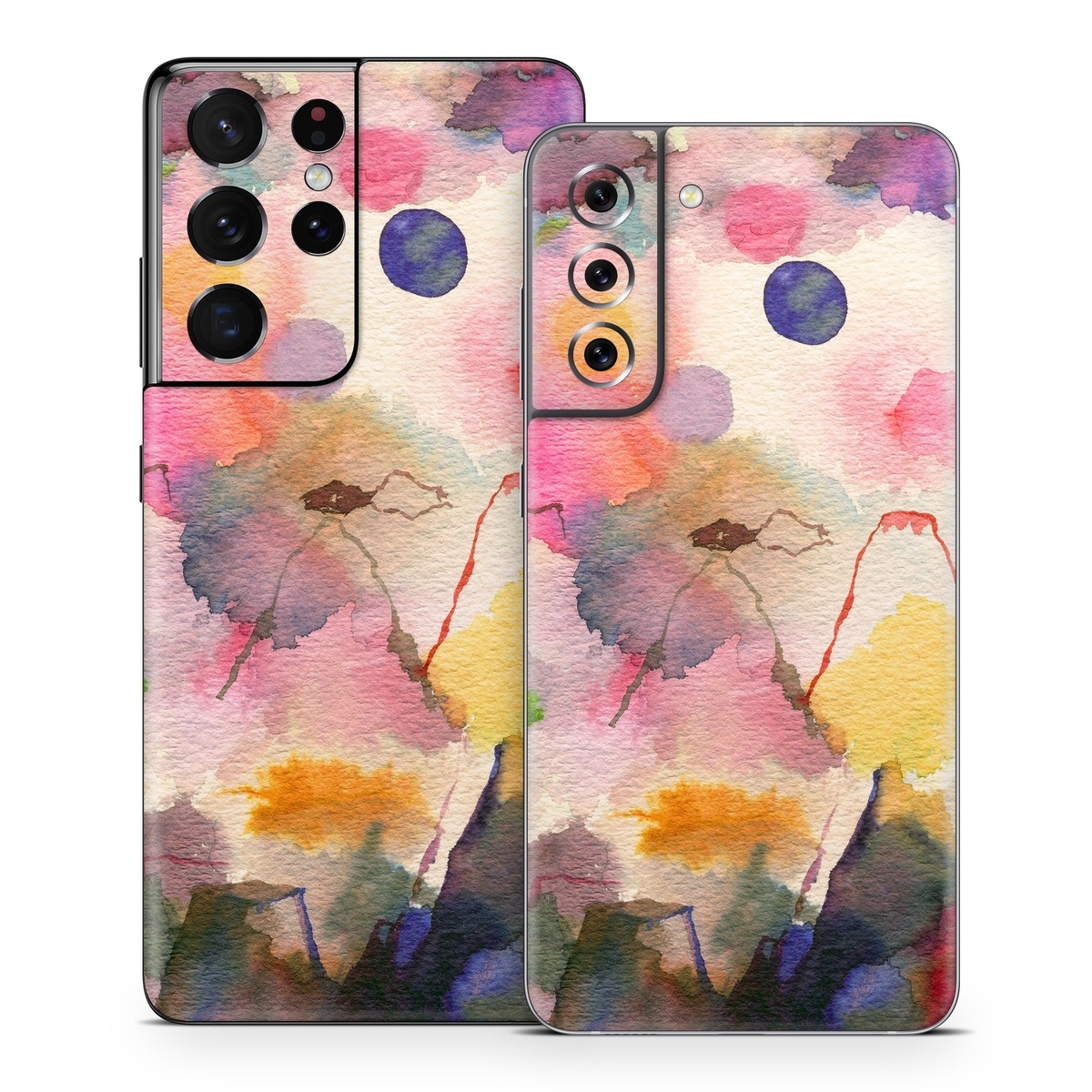Samsung Galaxy S21 Series Skin design of Watercolor paint, Flower, Textile, Painting, Art, Plant, Pattern, Visual arts, Floral design, Paint, with white, pink, red, yellow, green, blue, black, orange colors