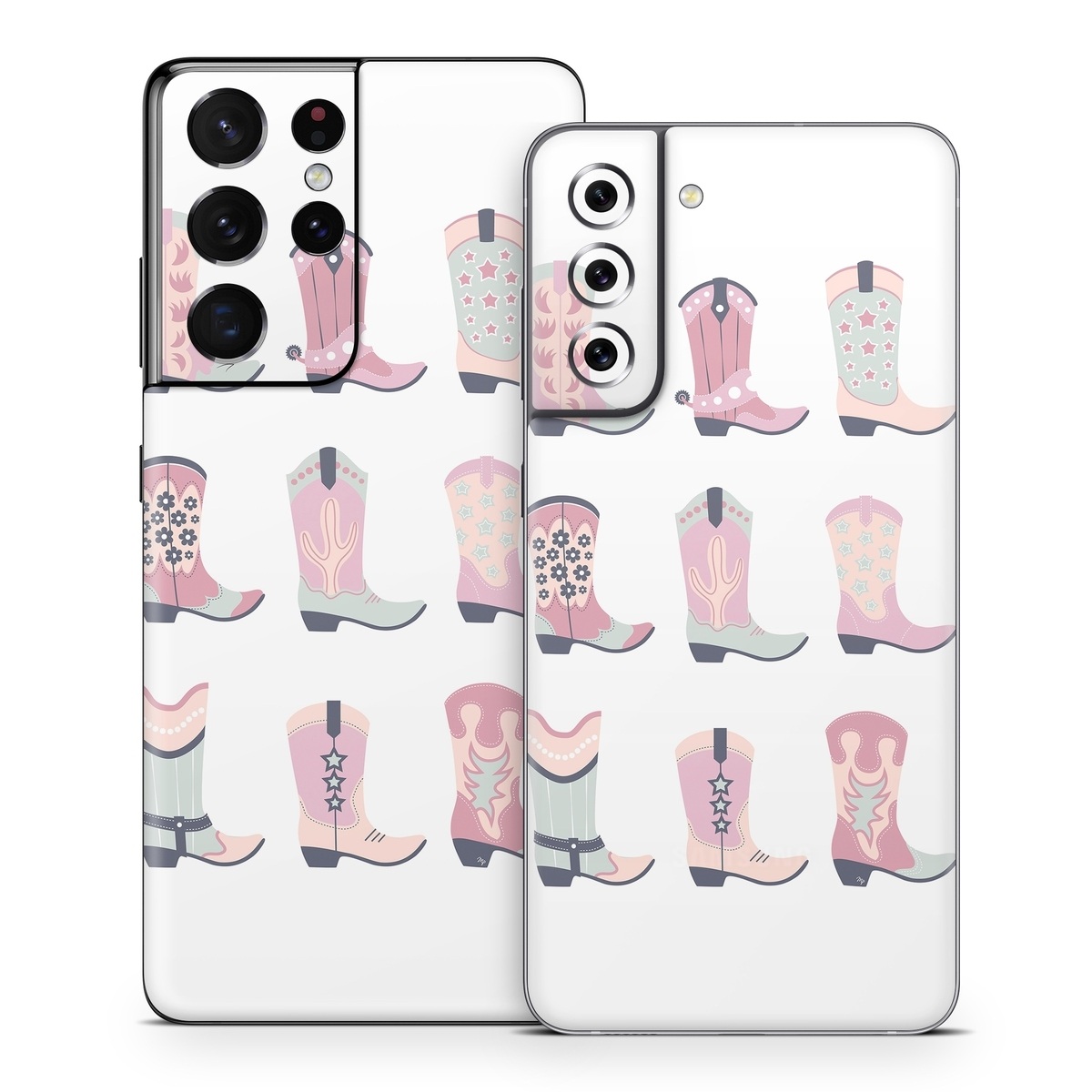 Samsung Galaxy S21 Series Skin design of Footwear, Shoe, White, Durango boot, Product, Fashion, Textile, Pink, Font, Red, with pink, white, blue, brown colors