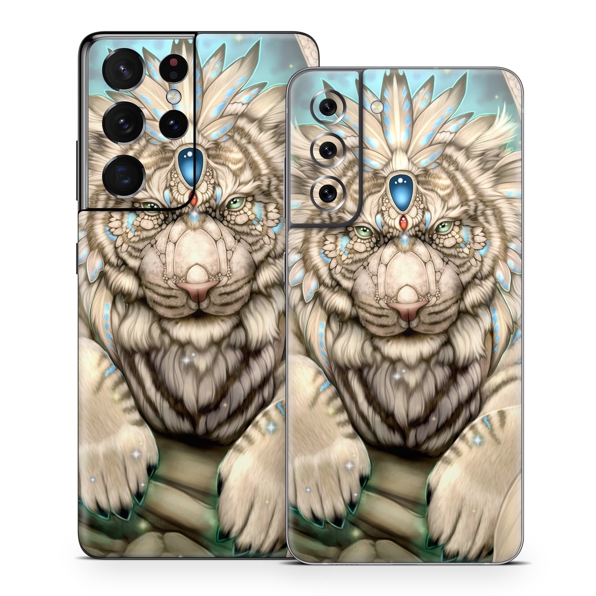 Samsung Galaxy S21 Series Skin design of Mythical creature, Sleeve, Textile, Gesture, Felidae, Tattoo, Big cats, Font, Temporary tattoo, Painting, with white, blue, black, gray colors