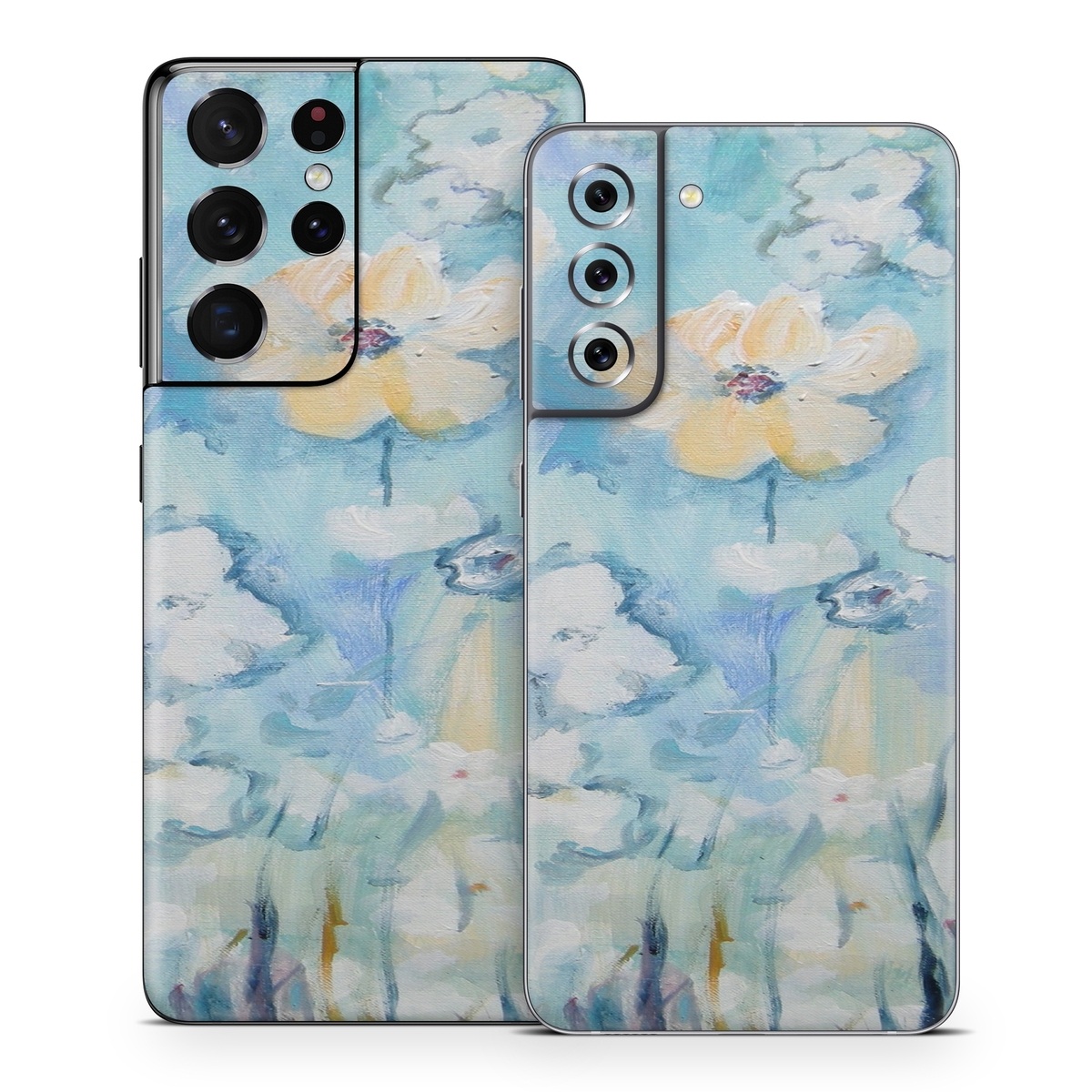 Samsung Galaxy S21 Series Skin design of Blue, Watercolor paint, Painting, Flower, Plant, Art, Acrylic paint, Wildflower, Visual arts, Floral design, with gray, blue colors