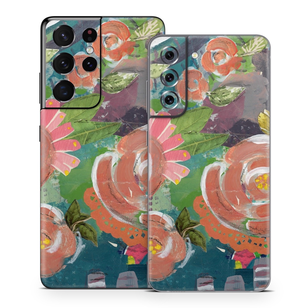 Samsung Galaxy S21 Series Skin design of Painting, Watercolor paint, Still life, Child art, Art, Illustration, Acrylic paint, Flower, Visual arts, Textile, with green, pink, red, yellow, blue, white, black, gray colors