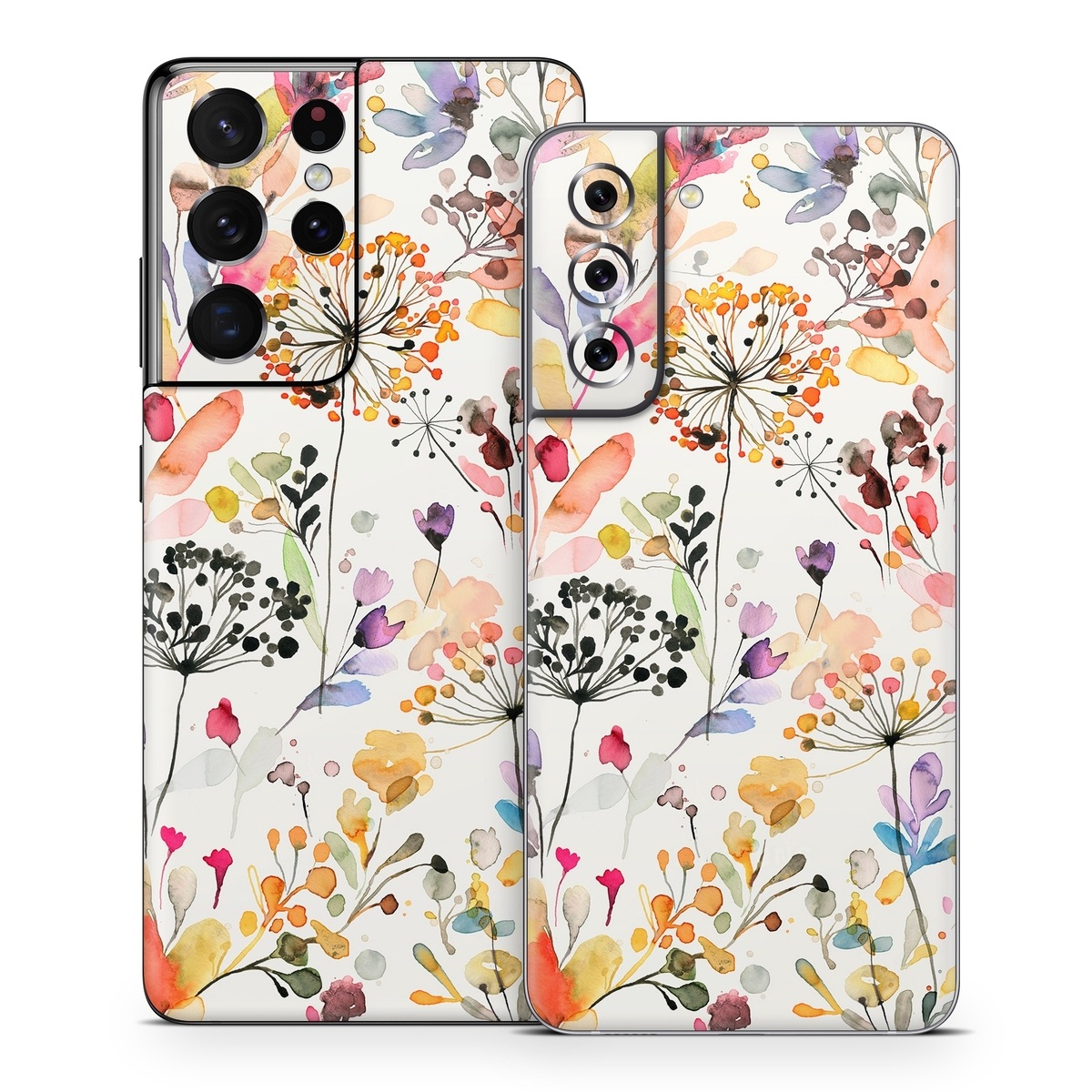 Samsung Galaxy S21 Series Skin design of Flower, Petal, Rectangle, Branch, Creative arts, Plant, Line, Art, Painting, Font, with white, pink, red, yellow, orange, green, blue, purple colors