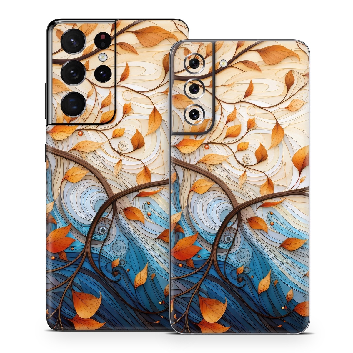 Samsung Galaxy S21 Series Skin design of Dishware, Orange, Textile, Sleeve, Serveware, Petal, Pattern, Porcelain, Electric blue, Art, with yellow, orange, red, white, blue, brown colors