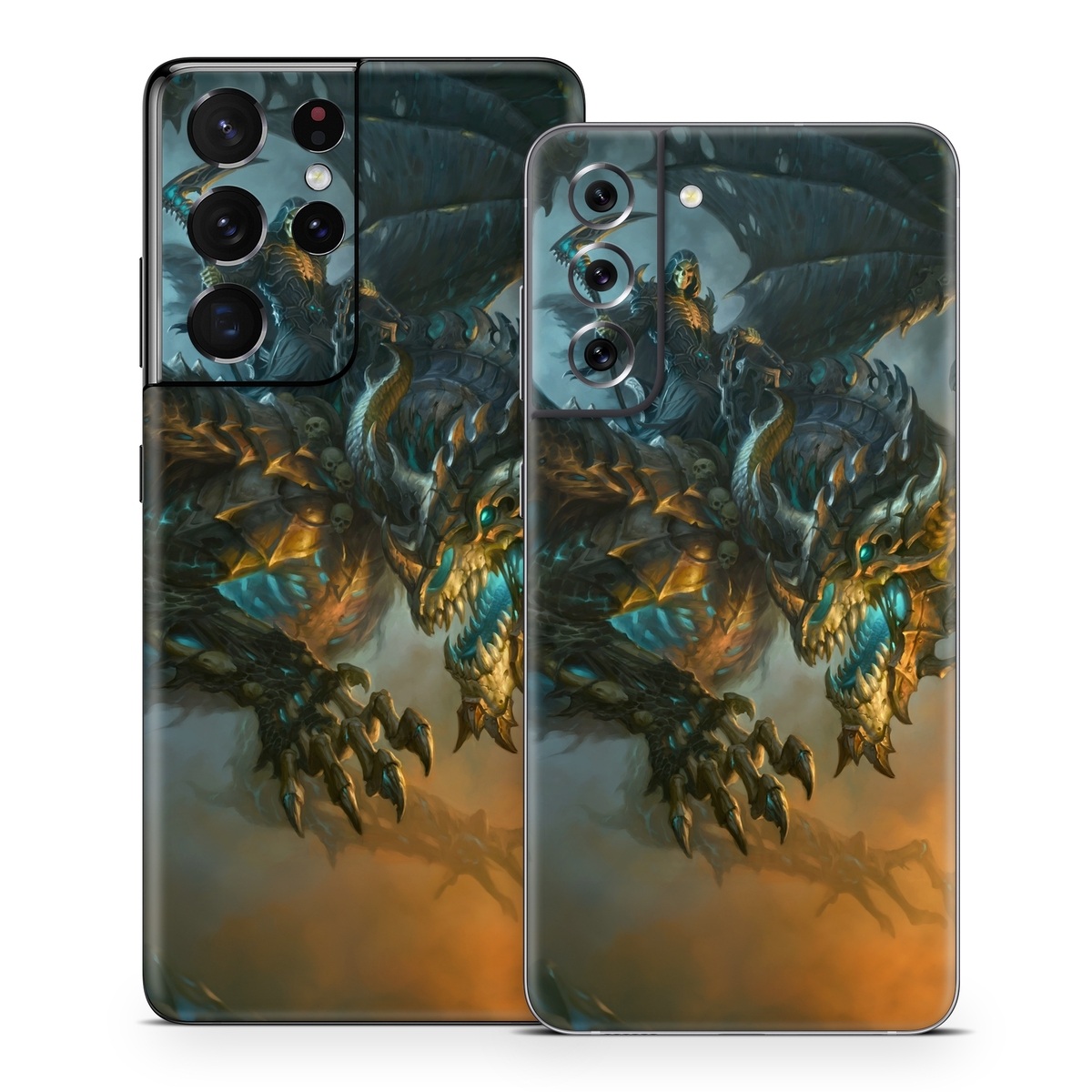 Samsung Galaxy S21 Series Skin design of Dragon, Cg artwork, Fictional character, Mythical creature, Demon, Mythology, Illustration, Cryptid, Art, with orange, yellow, black, brown, blue, white colors