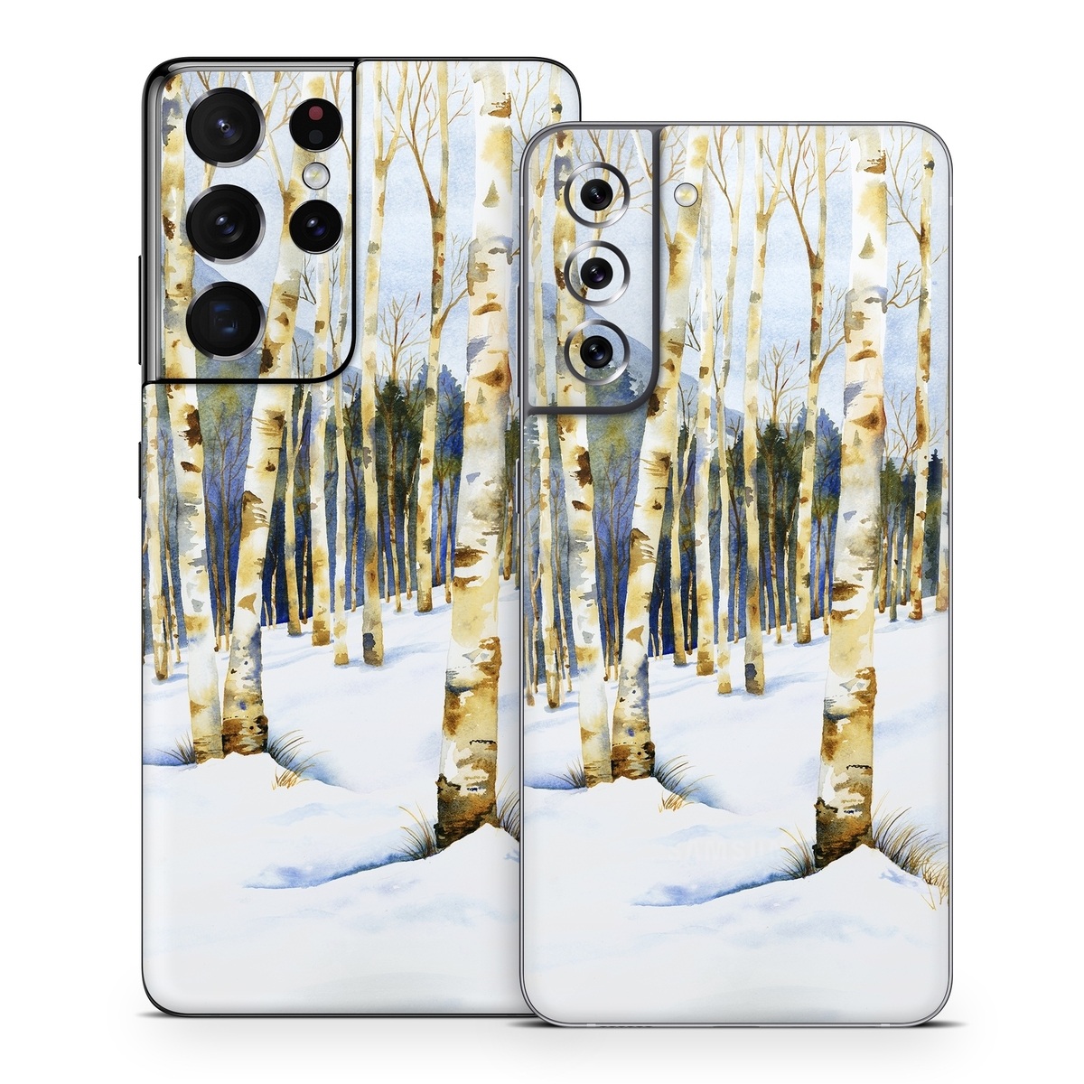 Samsung Galaxy S21 Series Skin design of Tree, Snow, Winter, Canoe birch, Nature, Birch, Forest, Natural environment, Freezing, Woody plant, with white, brown, black, gray colors