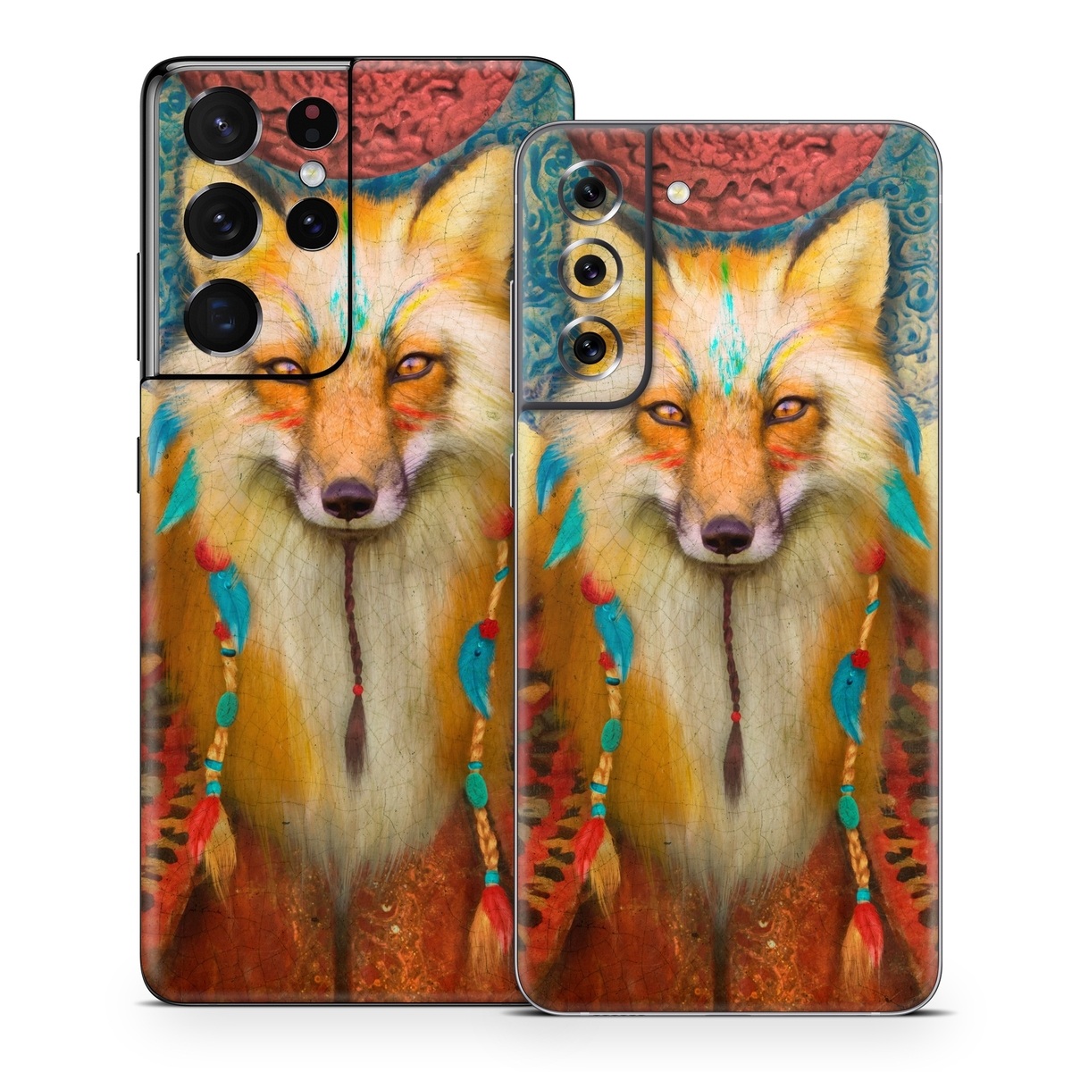 Samsung Galaxy S21 Series Skin design of Red fox, Canidae, Fox, Wildlife, Swift fox, Carnivore, Jackal, Fur, Snout, Art, with red, black, gray, green, blue colors