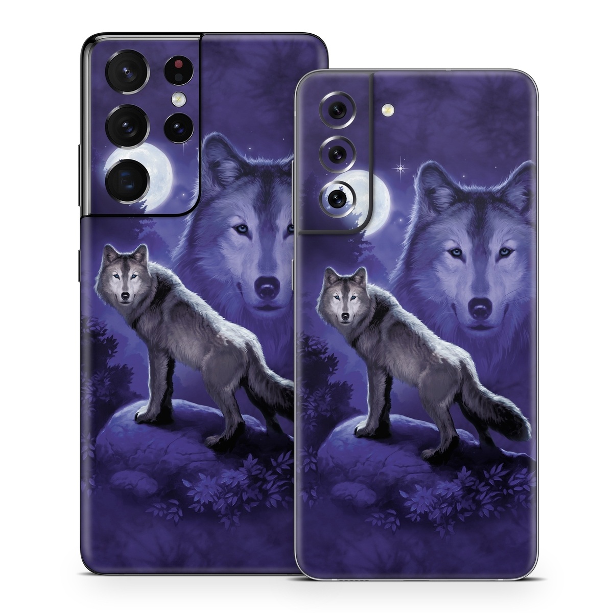 Samsung Galaxy S21 Series Skin design of Wolf, Canidae, canis lupus tundrarum, Canis, Wolfdog, Dog, Native american indian dog, Wildlife, Sakhalin husky, Moonlight, with blue, black, gray colors