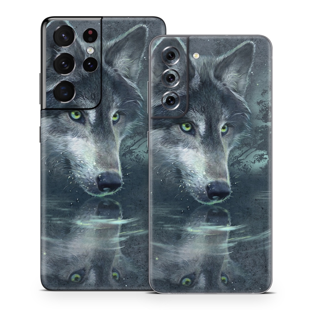 Samsung Galaxy S21 Series Skin design of Wolf, Canidae, Wildlife, Red wolf, Canis, canis lupus tundrarum, Snout, Saarloos wolfdog, Wolfdog, Carnivore, with black, gray, blue colors