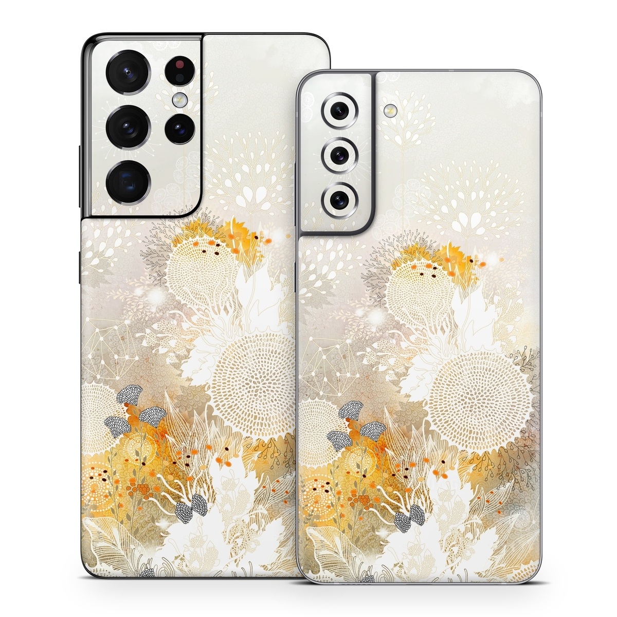 Samsung Galaxy S21 Series Skin design of Pattern, Floral design, Flower, Plant, Illustration, camomile, Wildflower, Art, with gray, yellow, pink, white, green colors