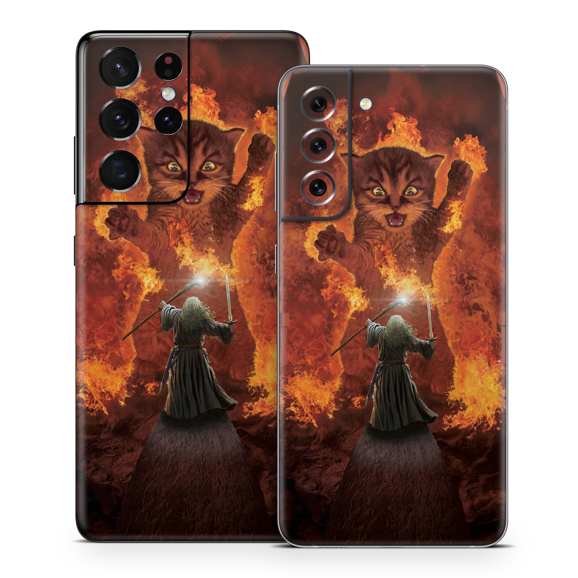 Samsung Galaxy S21 Series Skin design of Cartoon, Art, Carnivore, Cg artwork, Felidae, Supernatural creature, Big cats, Heat, Fictional character, Darkness, with black, red, white, gray, yellow colors