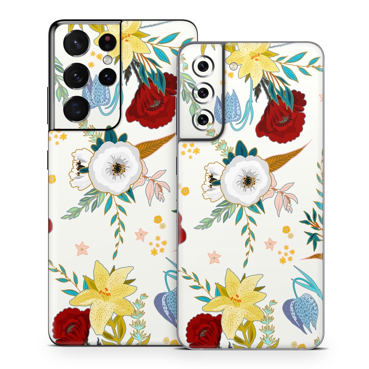 Samsung Galaxy S21 Series Skin design of Floral design, Pattern, Wrapping paper, Botany, Design, Flower, Wallpaper, Plant, Clip art, Pedicel, with white, blue, red, yellow, pink, orange colors