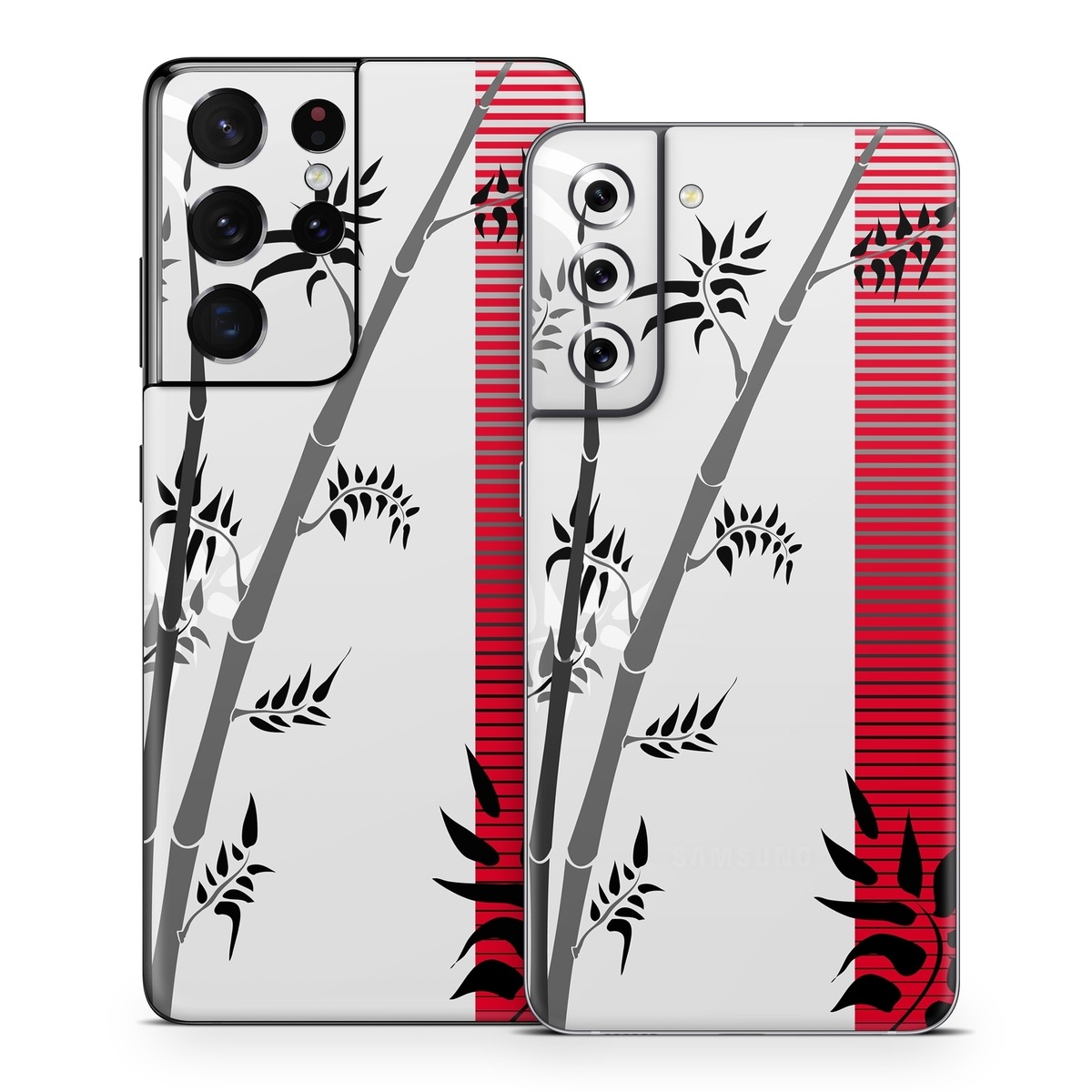 Samsung Galaxy S21 Series Skin design of Botany, Plant, Branch, Plant stem, Tree, Bamboo, Pedicel, Black-and-white, Flower, Twig, with gray, red, black, white colors
