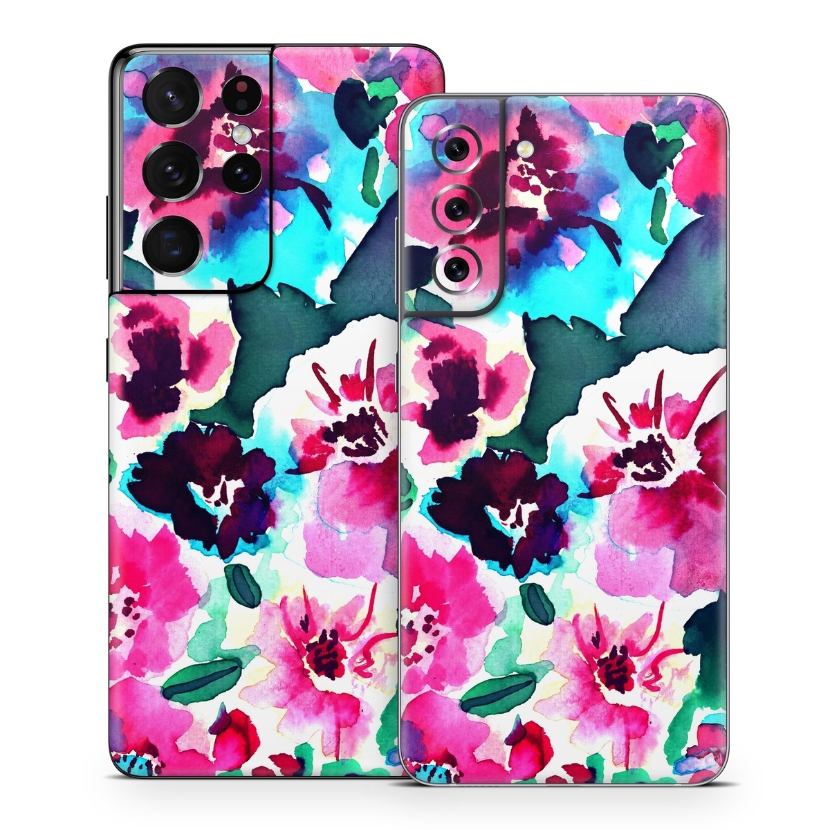 Samsung Galaxy S21 Series Skin design of Flower, Pink, Petal, Plant, Pattern, Hawaiian hibiscus, Design, Magenta, Flowering plant, Watercolor paint, with white, pink, blue, green, red colors