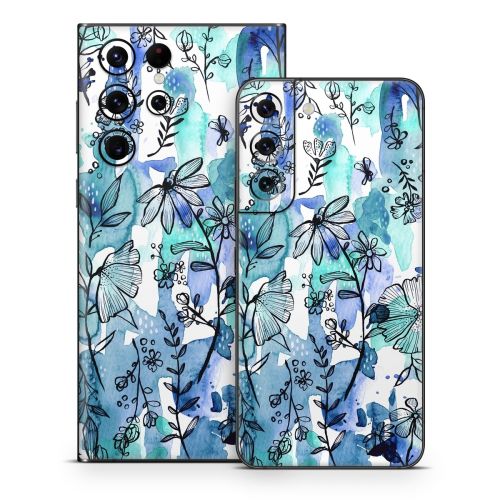 Blue Ink Floral Samsung Galaxy S22 Series Skin