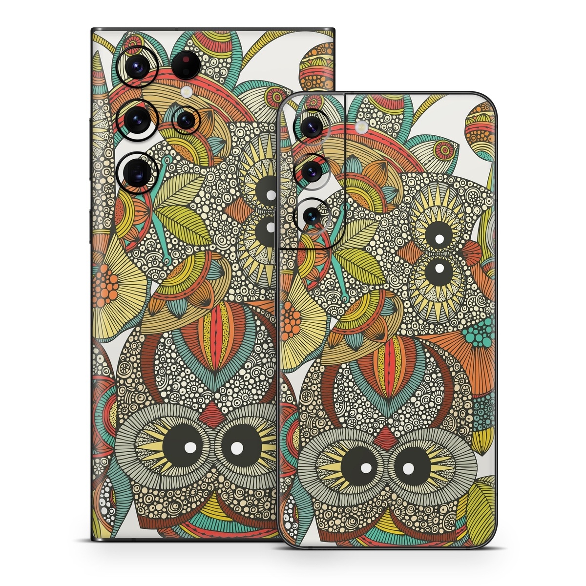 Samsung Galaxy S22 Series Skin design of Owl, Pattern, Visual arts, Art, Design, Textile, Illustration, Motif, Bird, with white, green, orange, yellow, blue, red colors