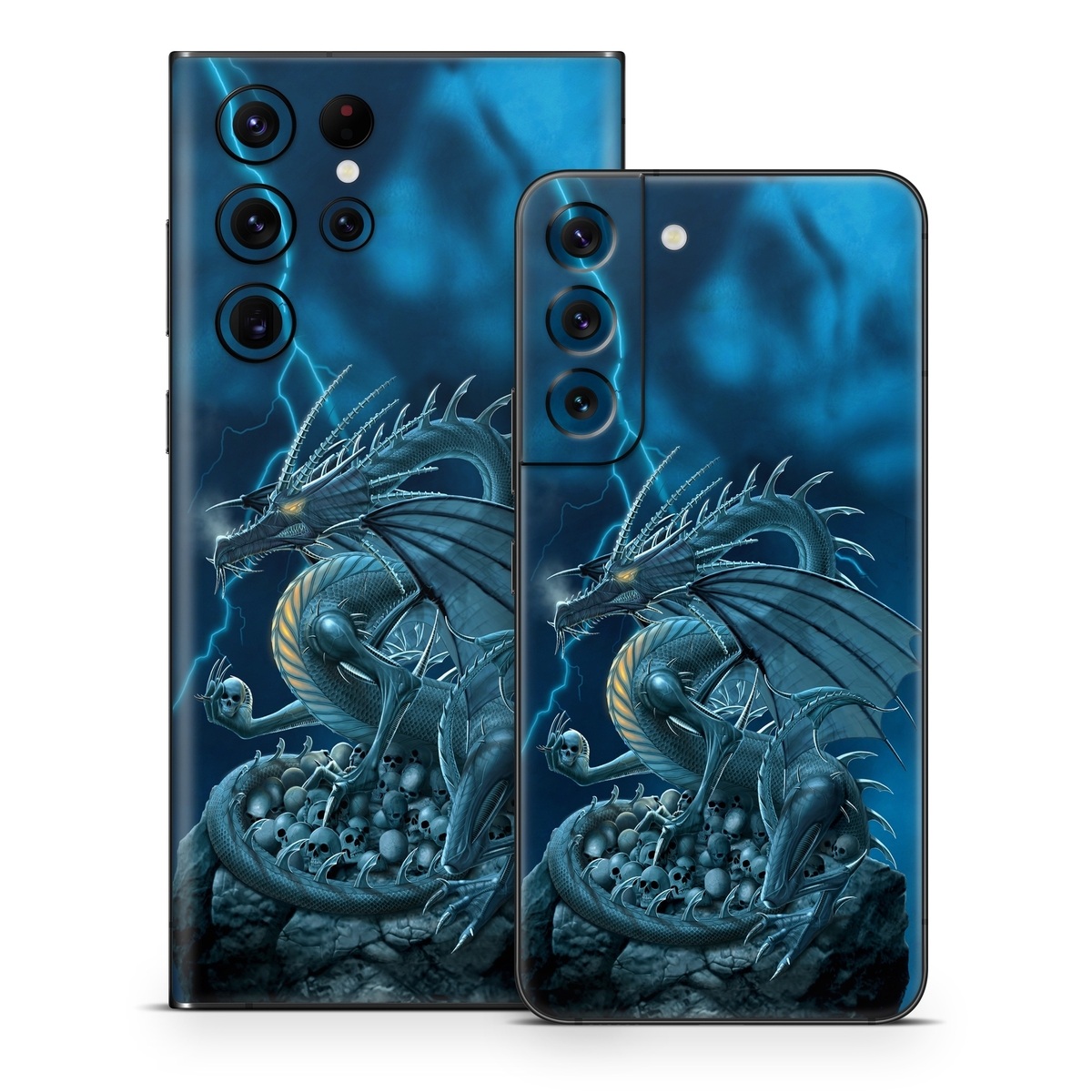 Samsung Galaxy S22 Series Skin design of Cg artwork, Dragon, Mythology, Fictional character, Illustration, Mythical creature, Art, Demon, with blue, yellow colors